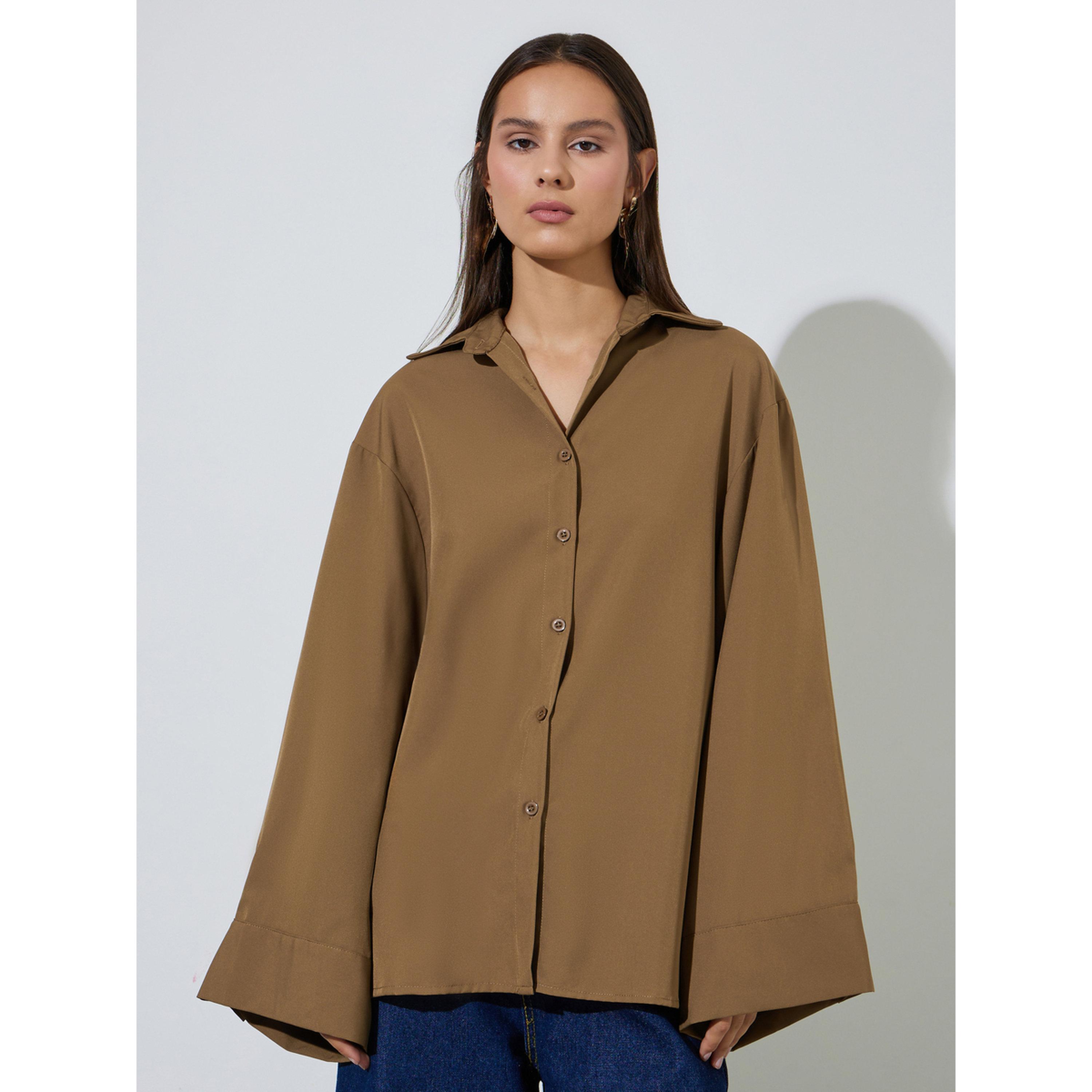 Styli Khaki Solid Bell Long Sleeves Oversized Shirt-women-clothing-shirtsandblouses-shirts-image-1