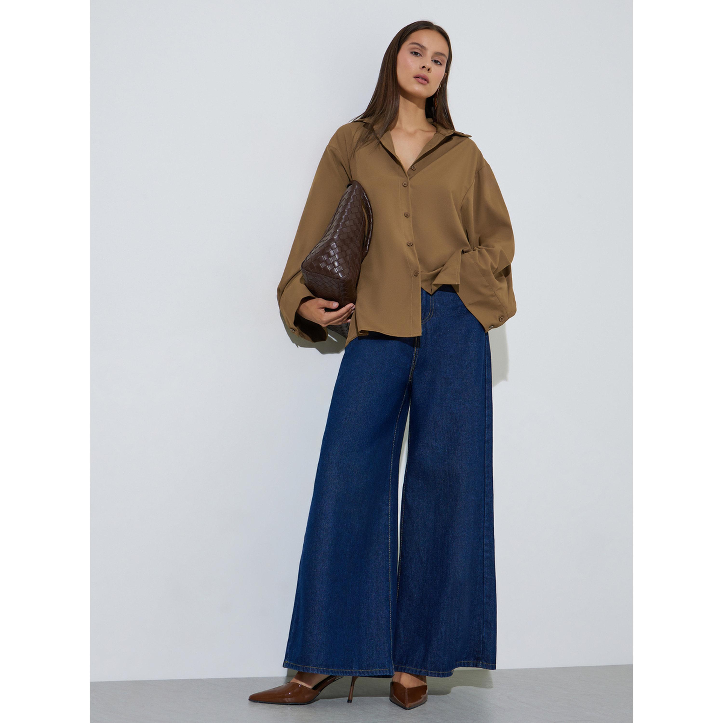 Styli Khaki Solid Bell Long Sleeves Oversized Shirt-women-clothing-shirtsandblouses-shirts-image-2
