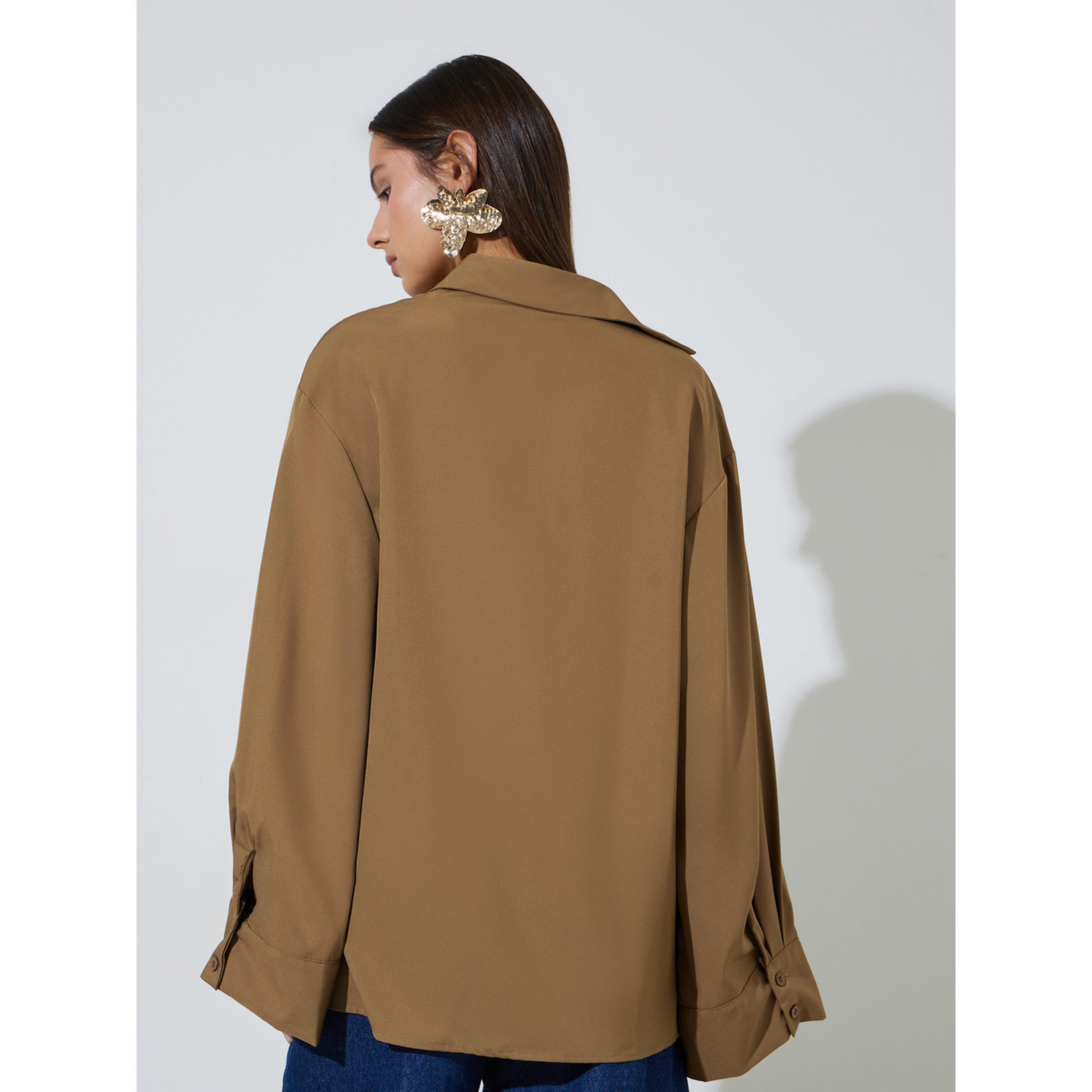 Styli Khaki Solid Bell Long Sleeves Oversized Shirt-women-clothing-shirtsandblouses-shirts-image-3