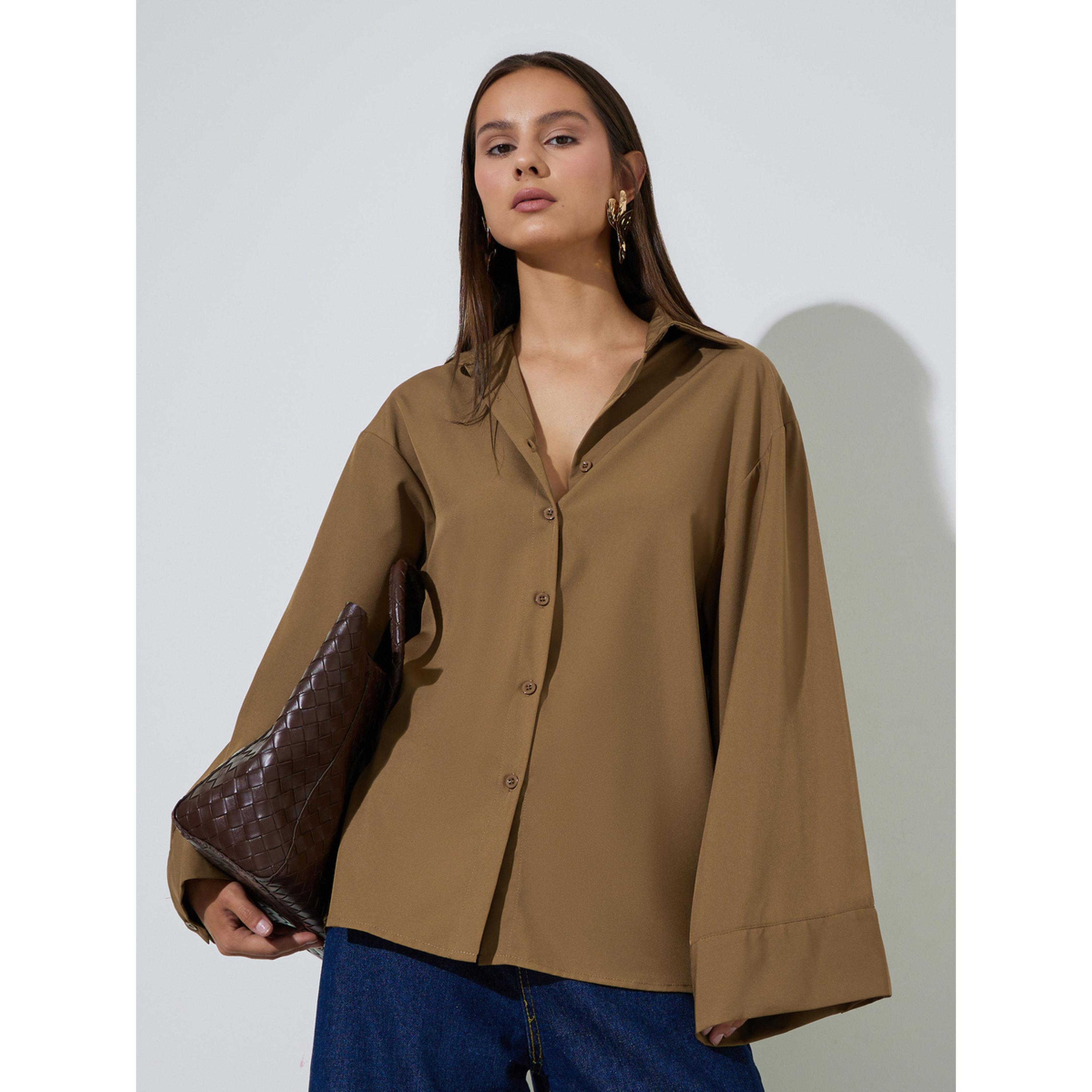 Styli Khaki Solid Bell Long Sleeves Oversized Shirt-women-clothing-shirtsandblouses-shirts-image-4