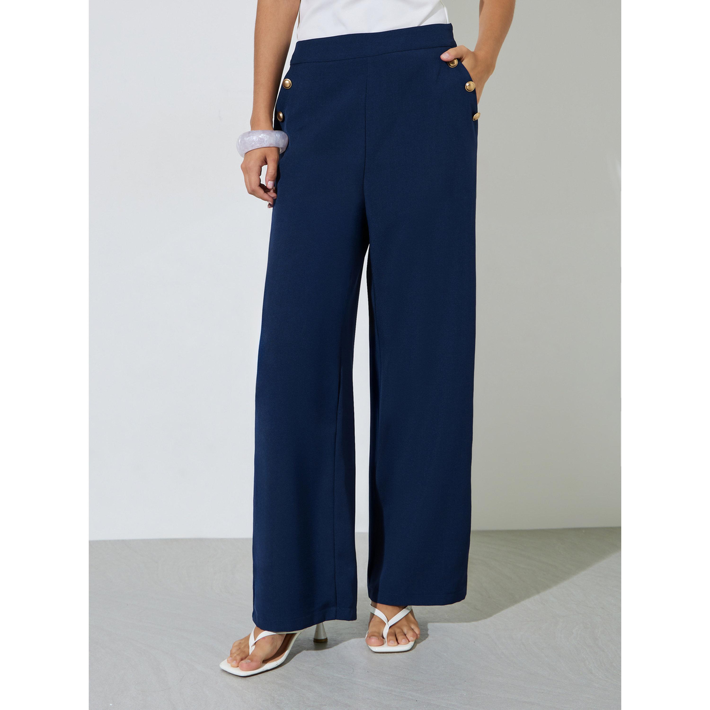 Styli Dark Blue Solid button Details Wide Leg Trousers-women-clothing-joggers-image-1