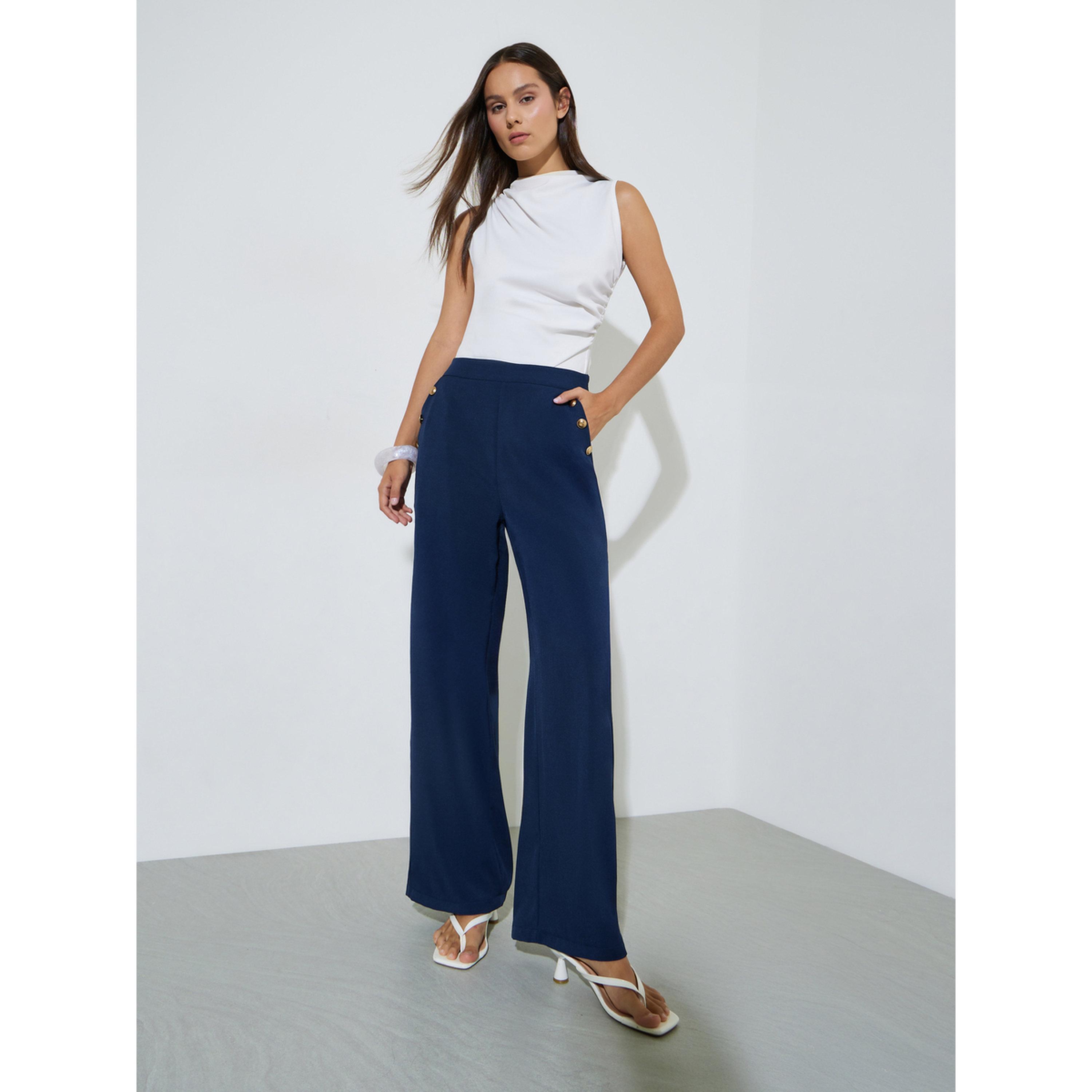 بنطال كحلي سادة بأرجل واسعة وتفاصيل أزرار-women-clothing-joggers-image-2