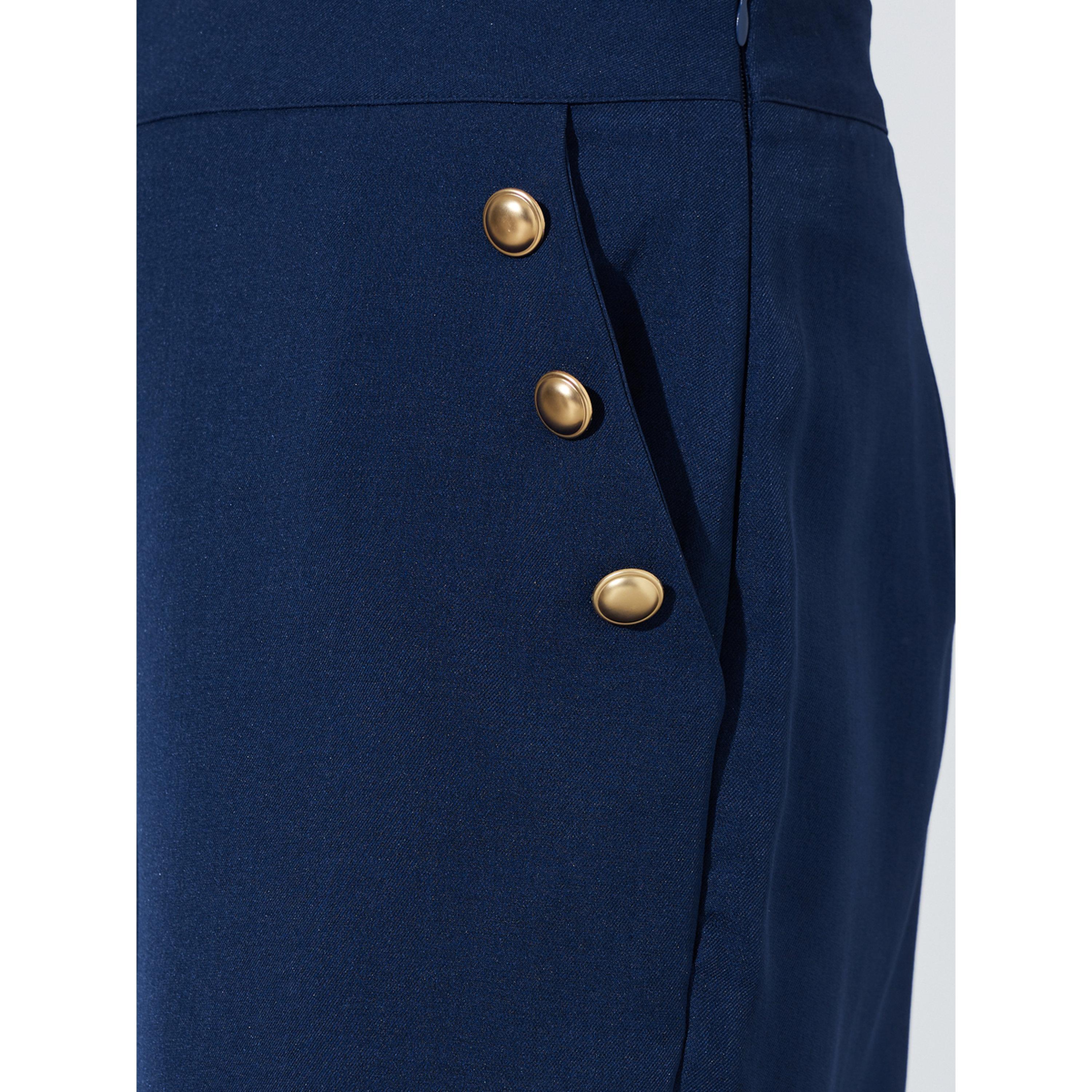 Styli Dark Blue Solid button Details Wide Leg Trousers-women-clothing-joggers-image-3