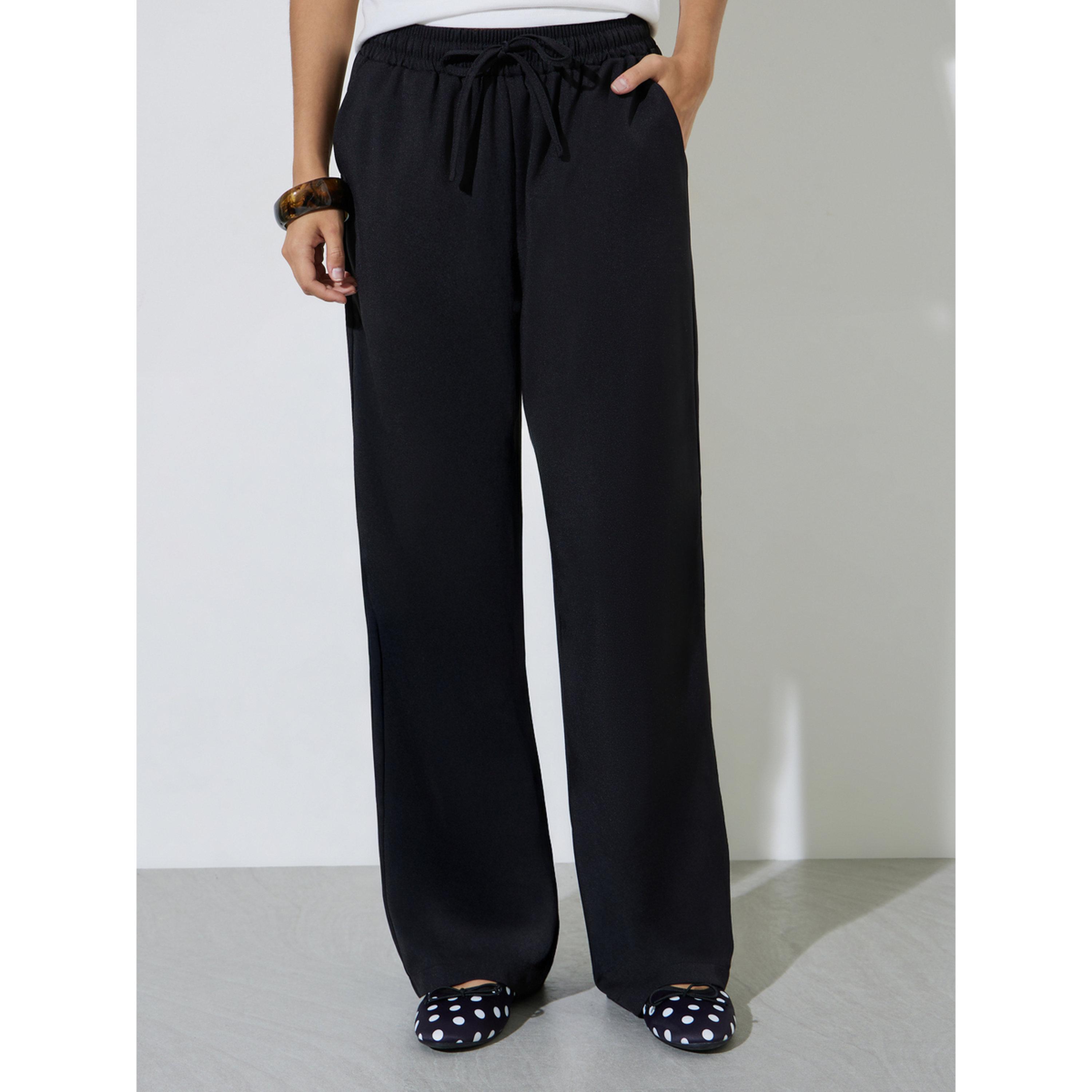 Styli Black Wide Leg Drawstring Pants-women-clothing-joggers-image-1