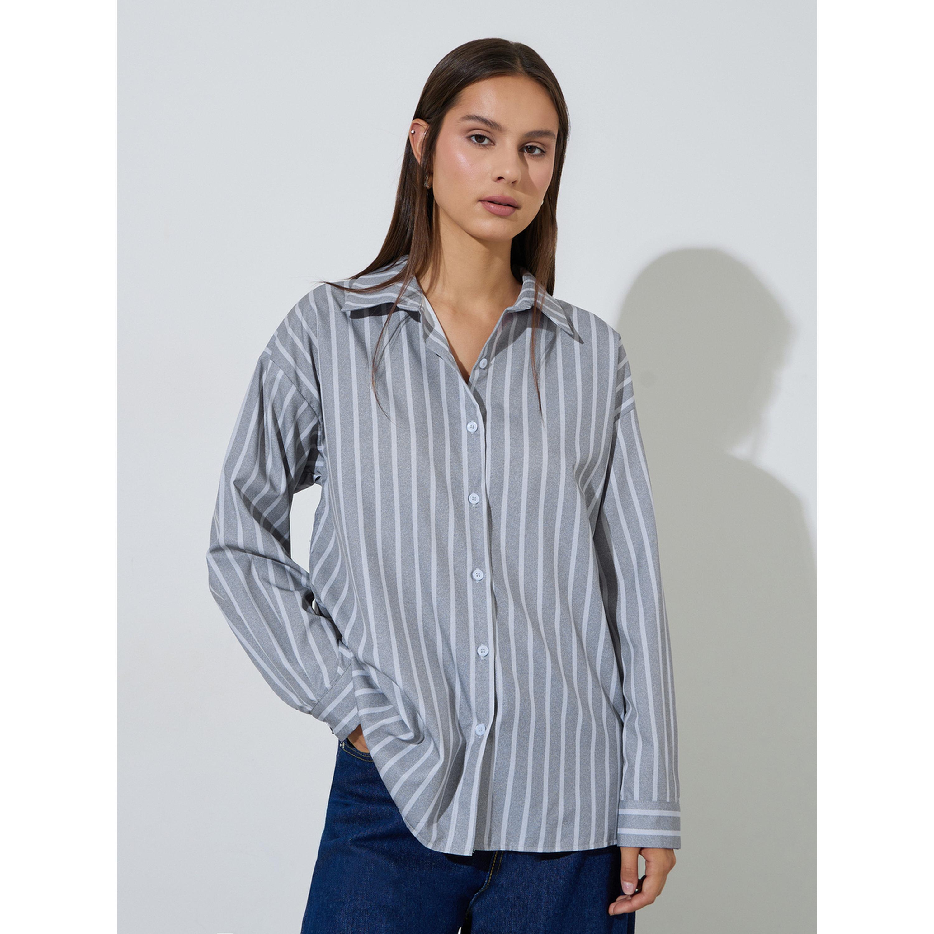 Styli Grey Striped Long Sleeves Back Tie Detail Oversized Shirt-women-clothing-shirtsandblouses-shirts-image-1