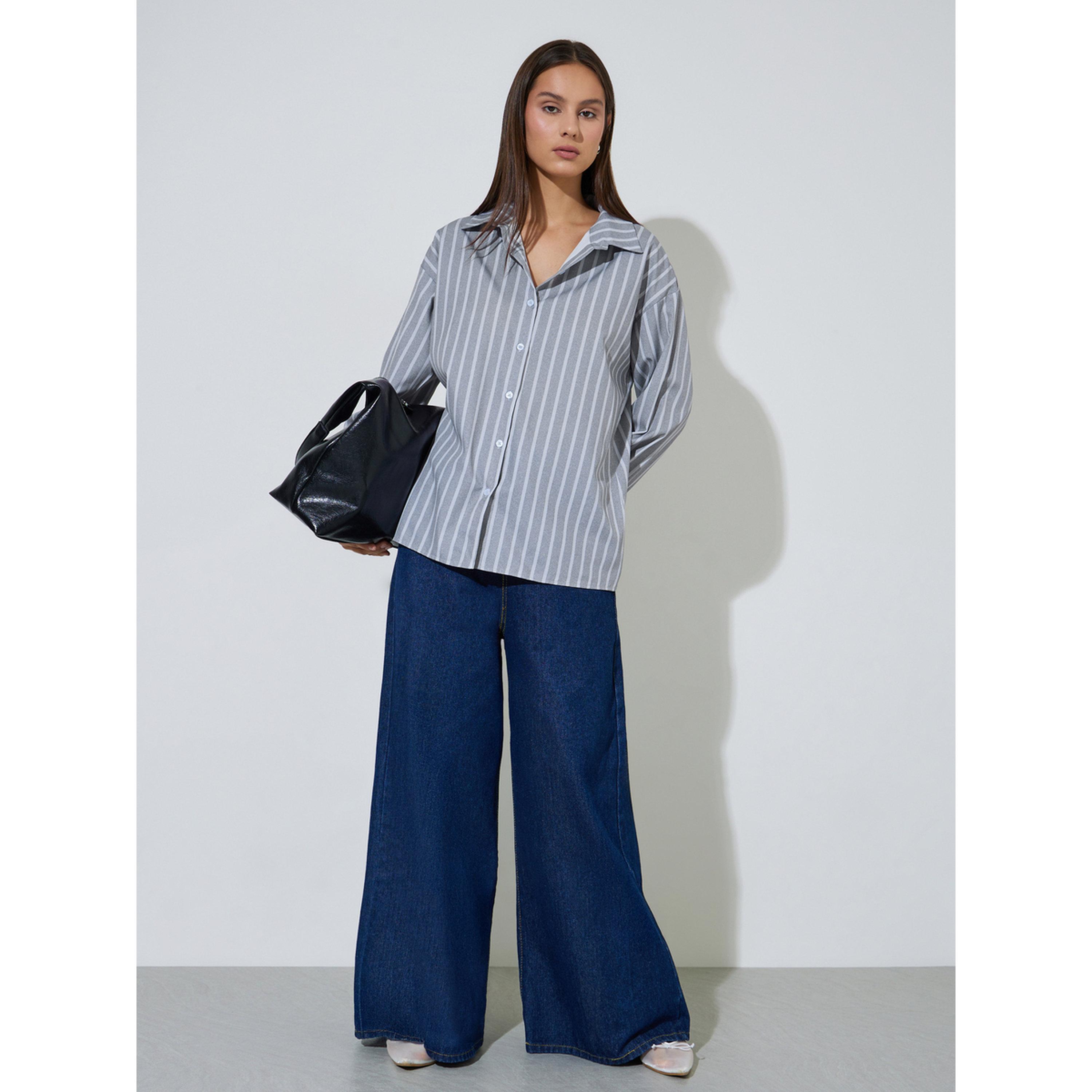 Styli Grey Striped Long Sleeves Back Tie Detail Oversized Shirt-women-clothing-shirtsandblouses-shirts-image-2