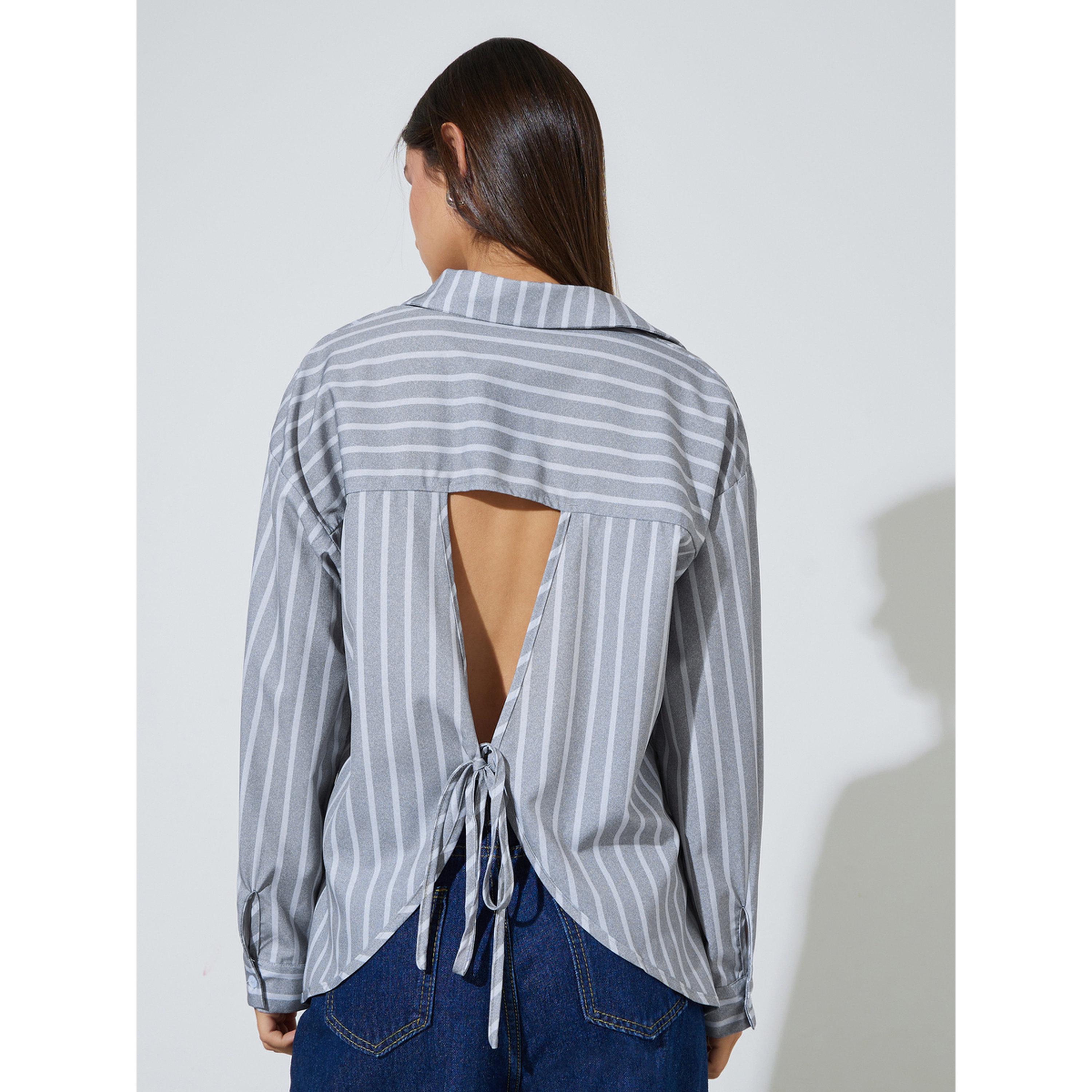 Styli Grey Striped Long Sleeves Back Tie Detail Oversized Shirt-women-clothing-shirtsandblouses-shirts-image-3
