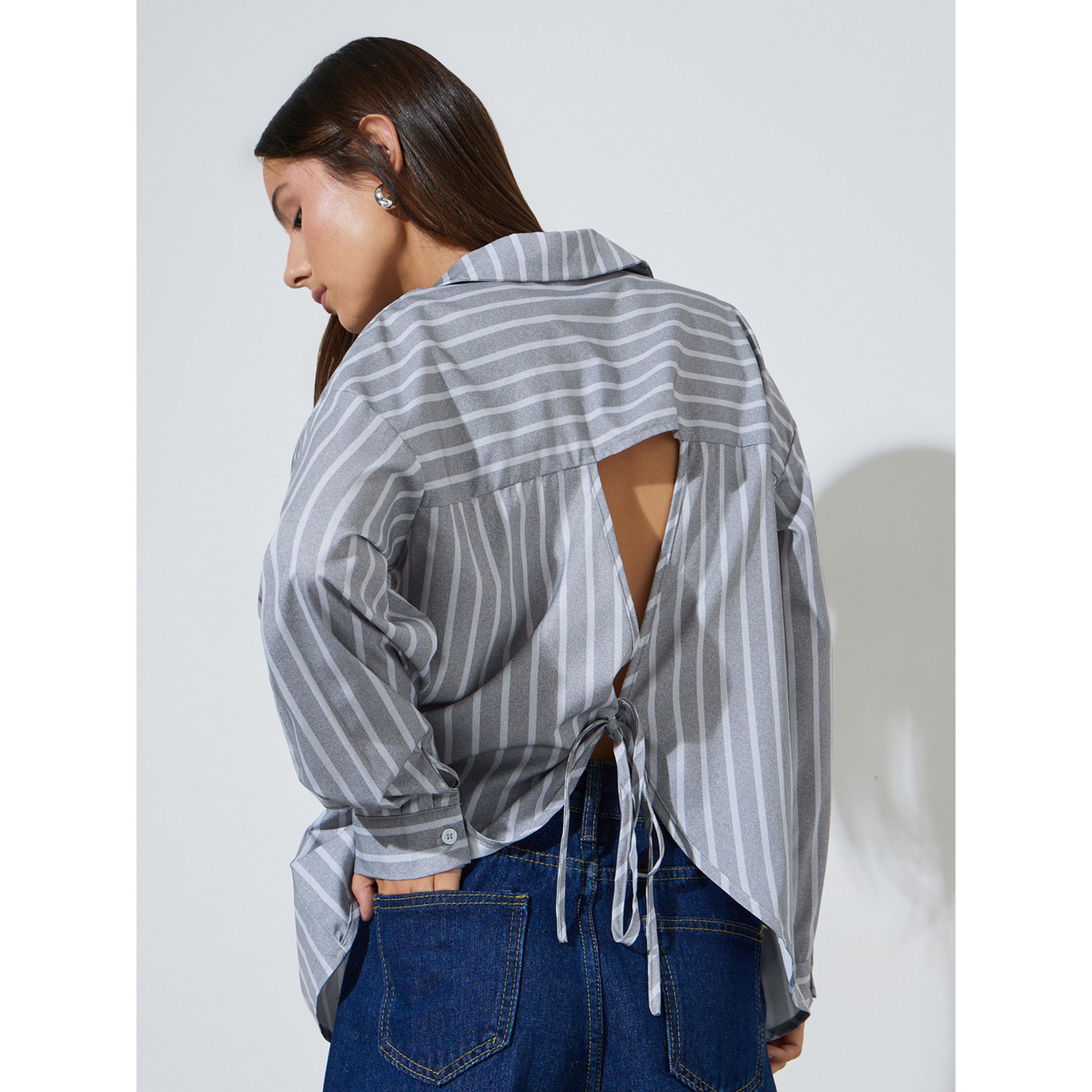 Styli Grey Striped Long Sleeves Back Tie Detail Oversized Shirt-women-clothing-shirtsandblouses-shirts-image-4