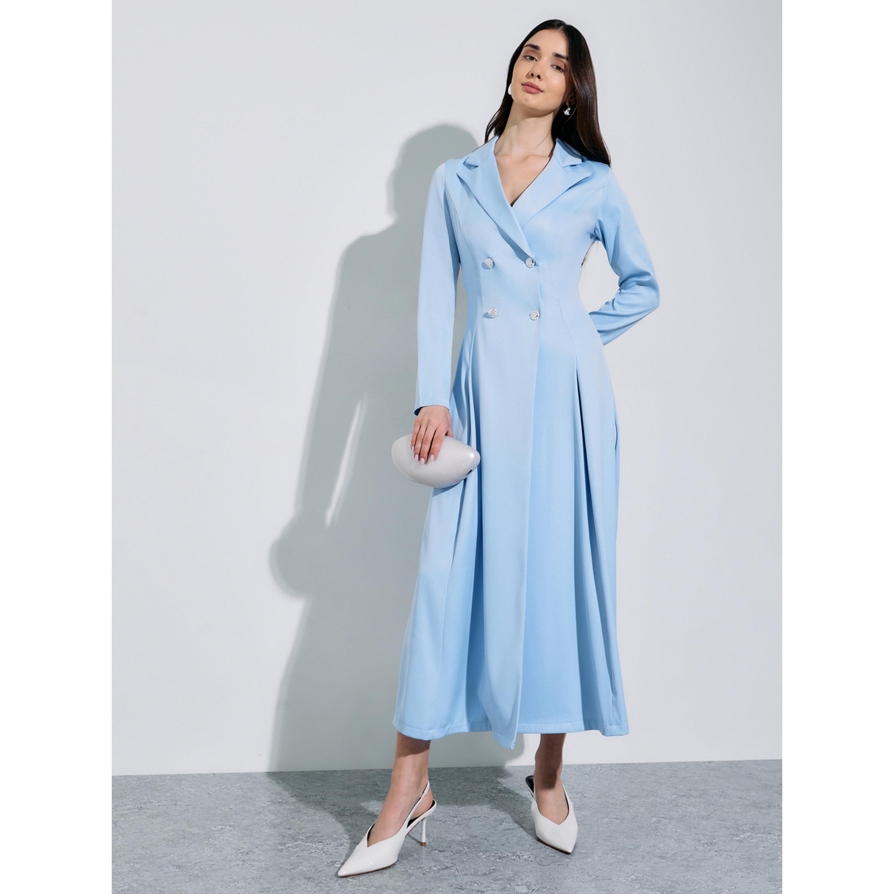 فستان طويل بليزر بأزرار مزدوجة وتفاصيل بكسرات بلون سادة باللون الأزرق-women-clothing-dresses-image-1