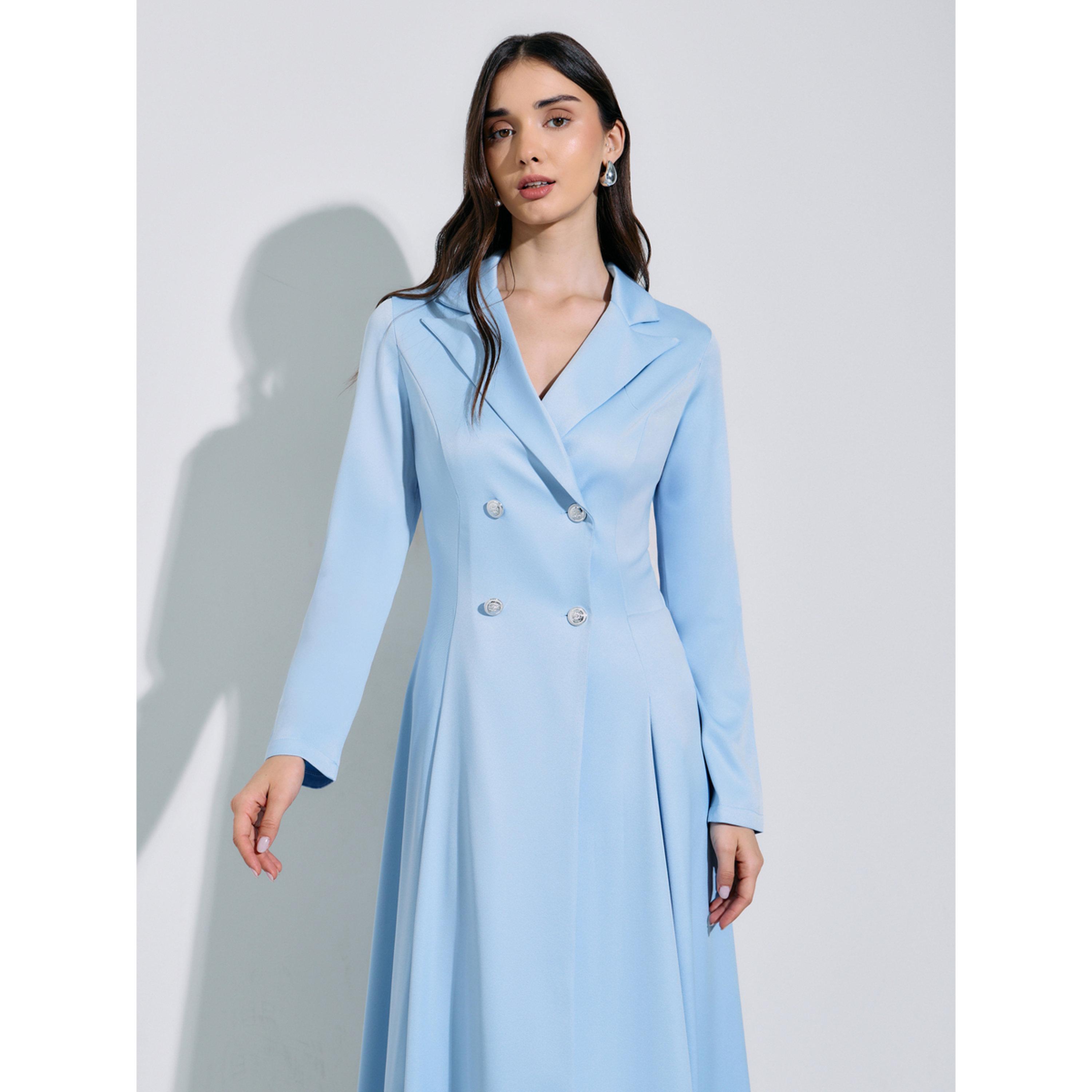 فستان طويل بليزر بأزرار مزدوجة وتفاصيل بكسرات بلون سادة باللون الأزرق-women-clothing-dresses-image-2