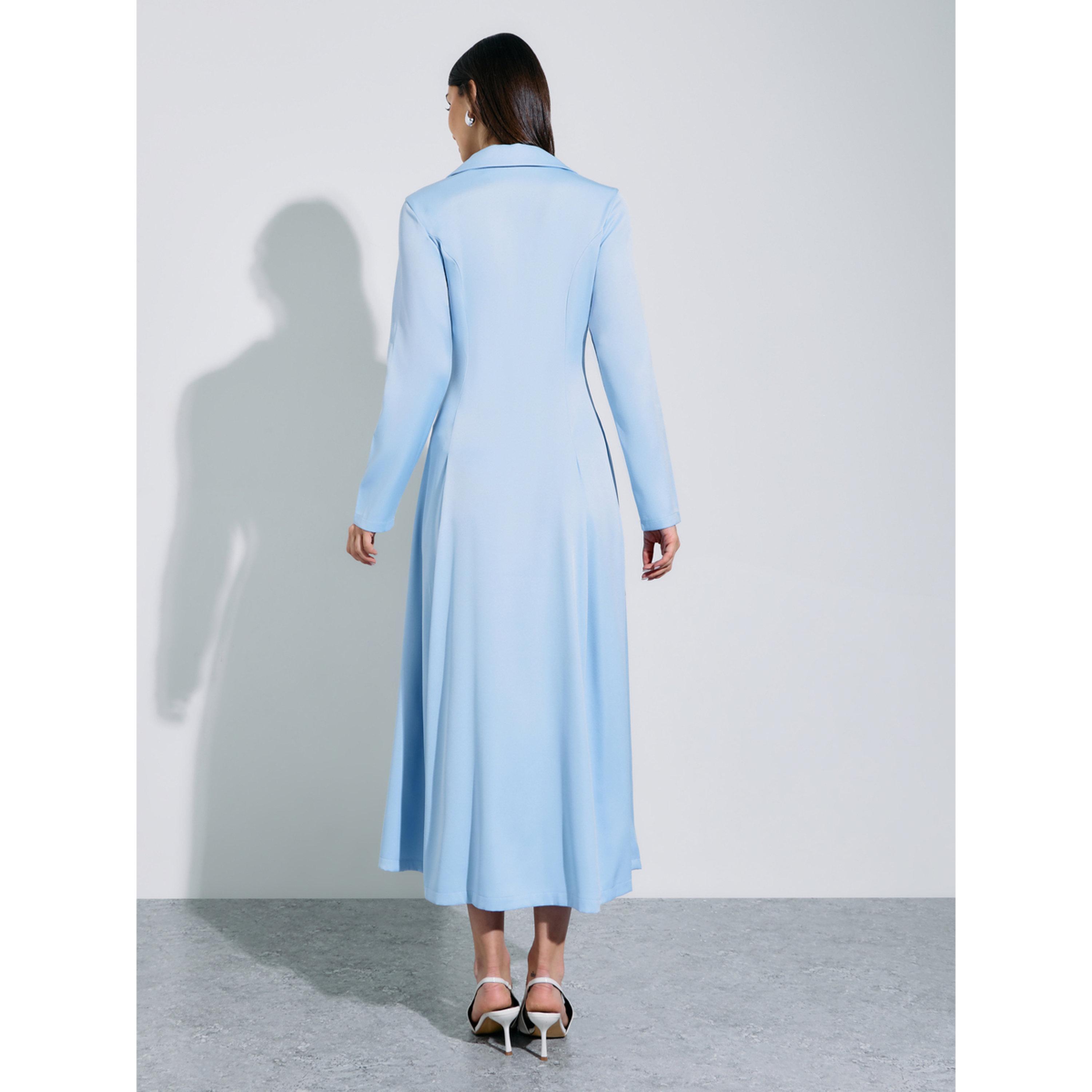 فستان طويل بليزر بأزرار مزدوجة وتفاصيل بكسرات بلون سادة باللون الأزرق-women-clothing-dresses-image-3