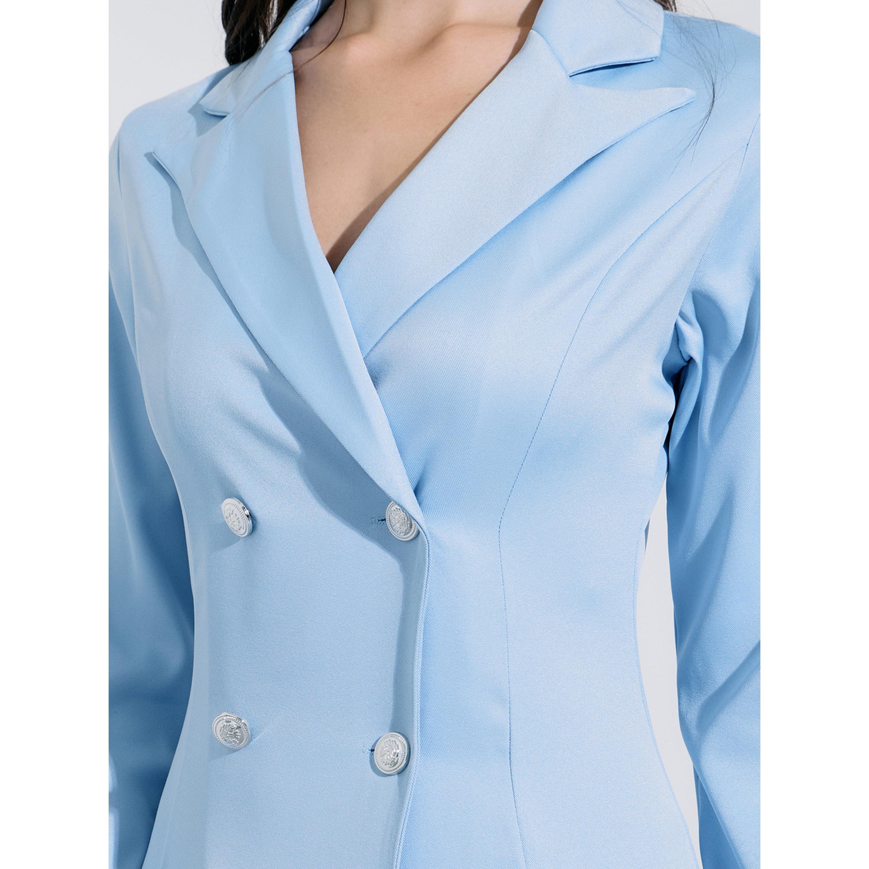 فستان طويل بليزر بأزرار مزدوجة وتفاصيل بكسرات بلون سادة باللون الأزرق-women-clothing-dresses-image-4