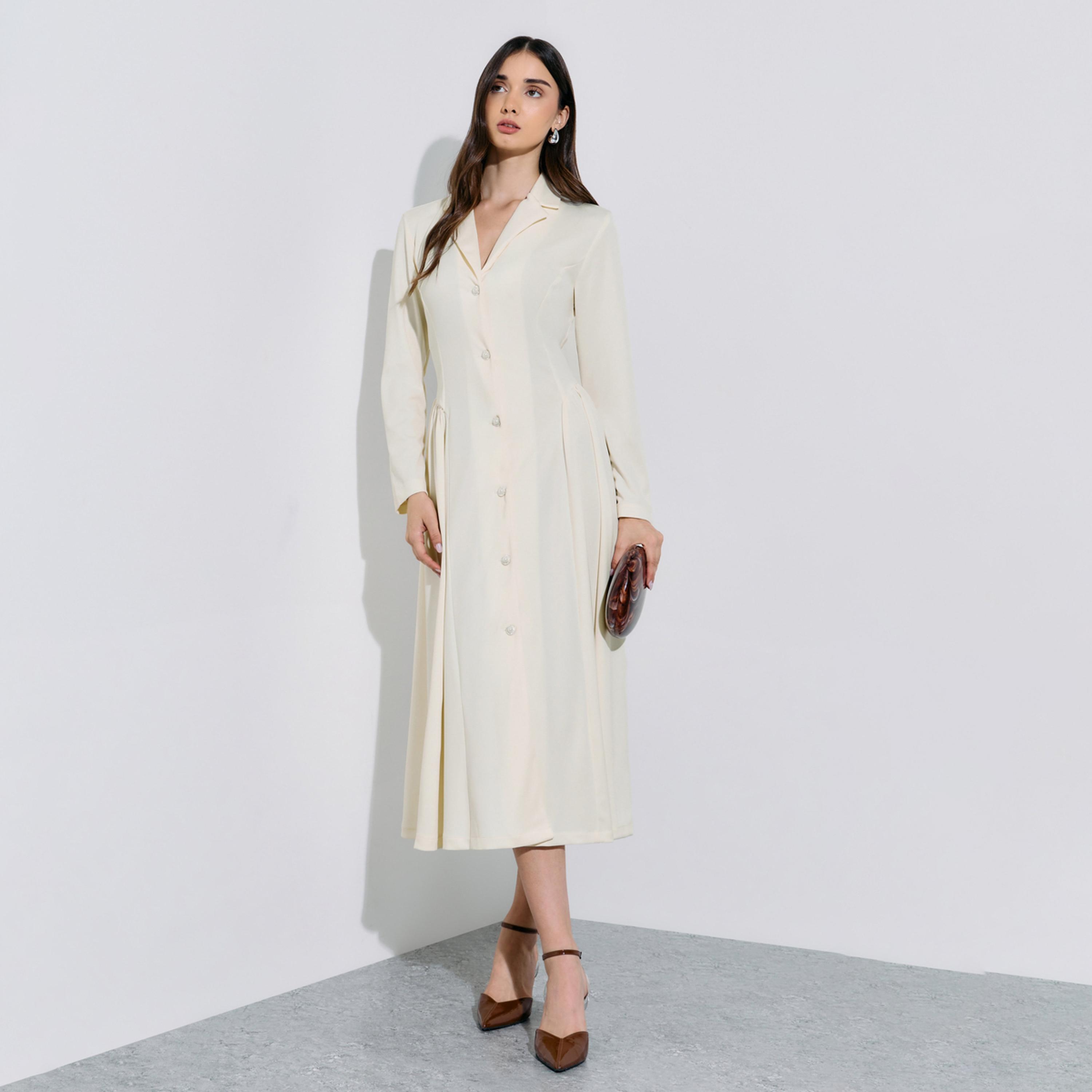 فستان ميدي قميص بتفاصيل بكسرات بلون سادة باللون الكريمه-women-clothing-dresses-image-1