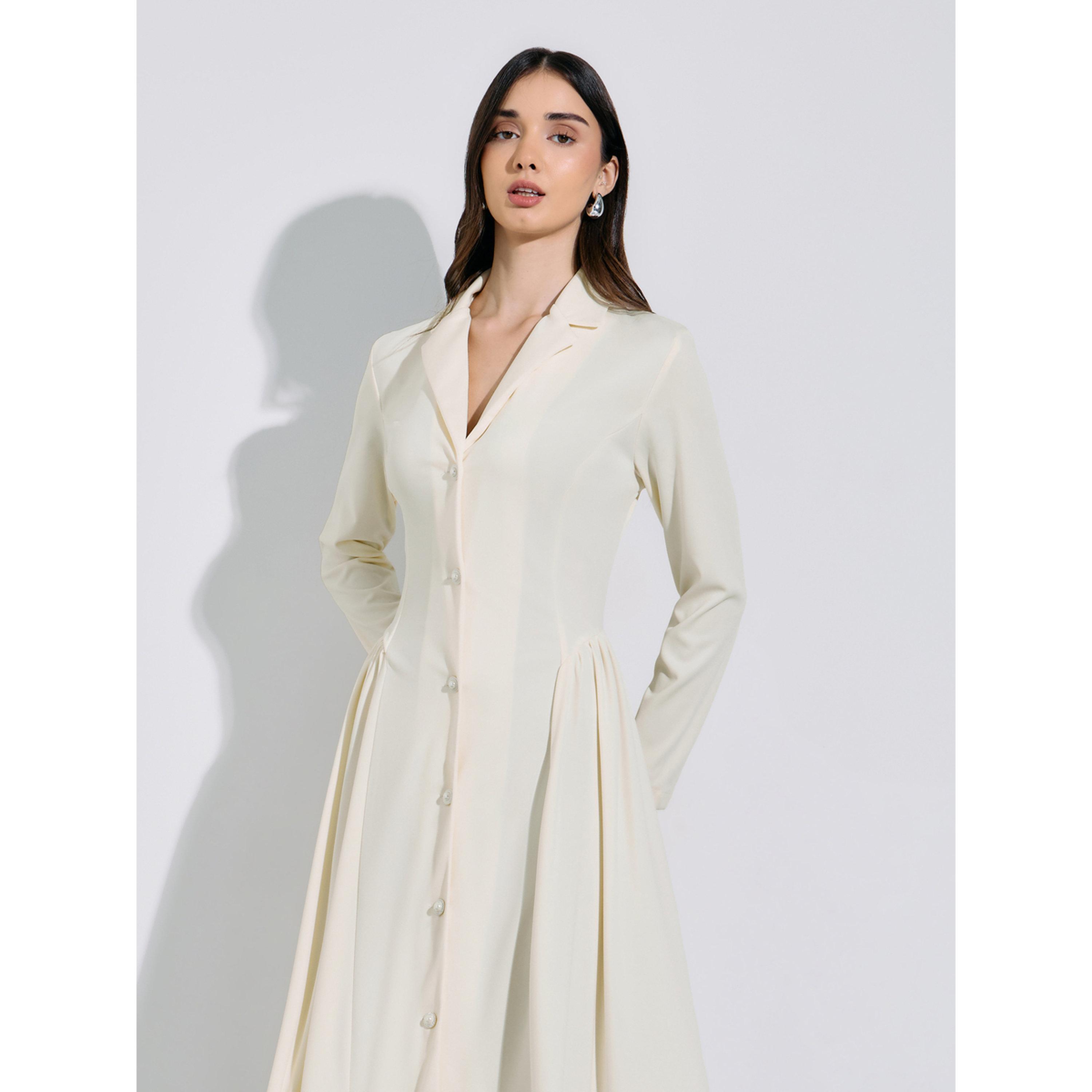 فستان ميدي قميص بتفاصيل بكسرات بلون سادة باللون الكريمه-women-clothing-dresses-image-2