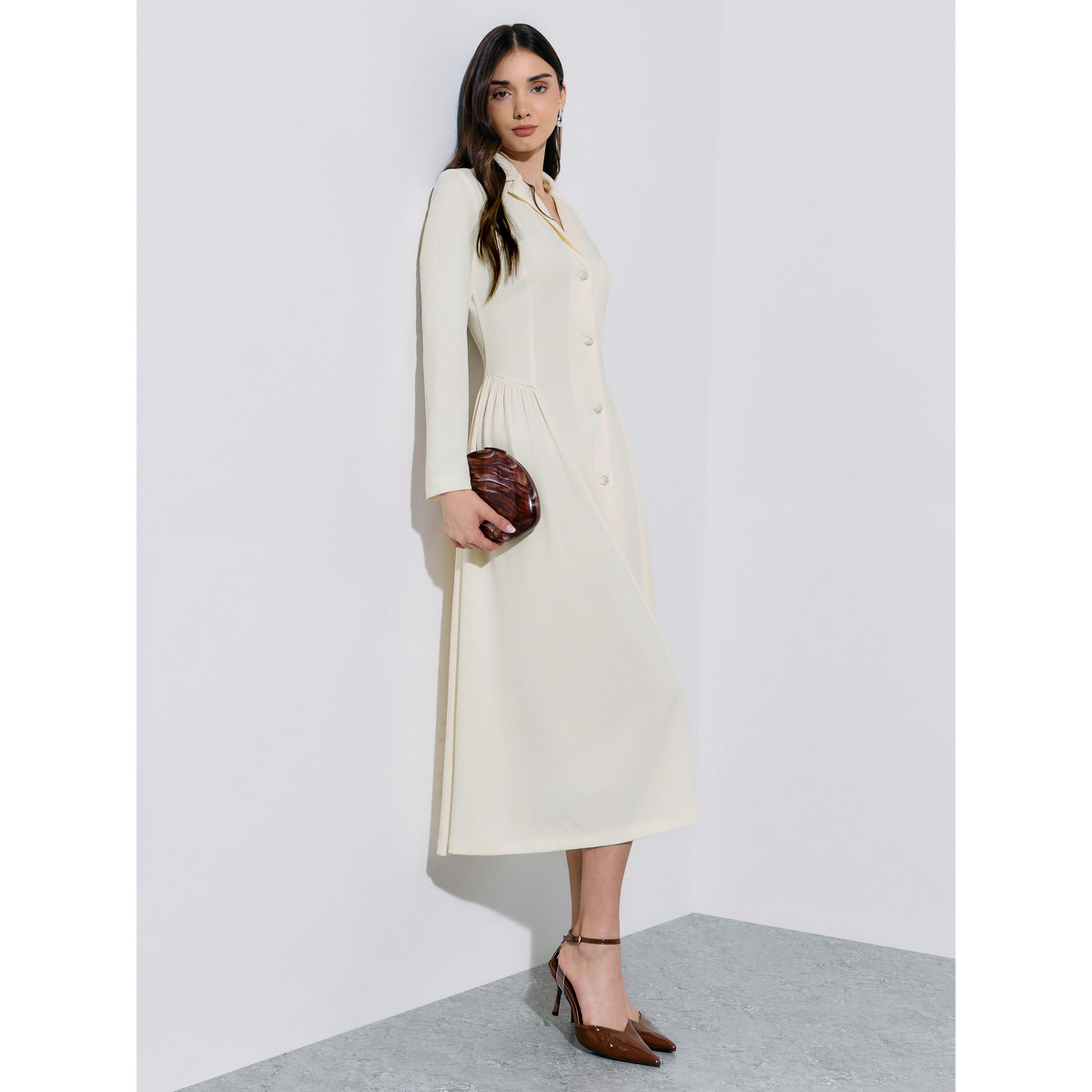 فستان ميدي قميص بتفاصيل بكسرات بلون سادة باللون الكريمه-women-clothing-dresses-image-4