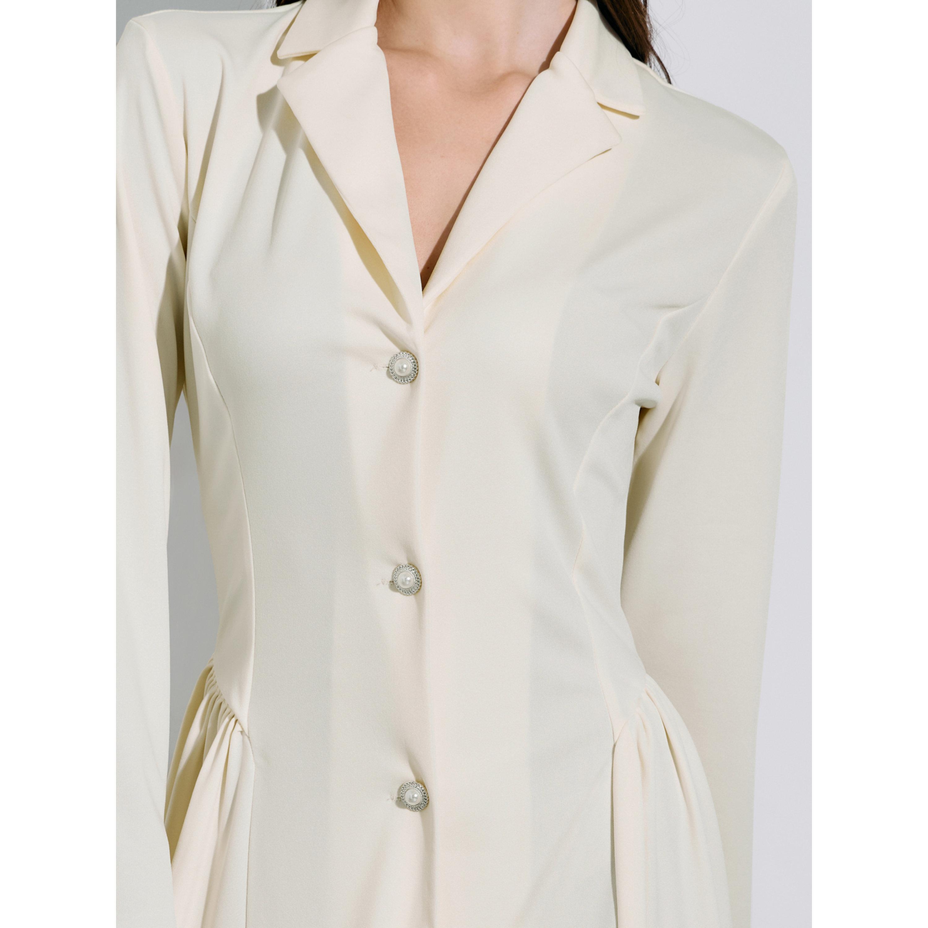 فستان ميدي قميص بتفاصيل بكسرات بلون سادة باللون الكريمه-women-clothing-dresses-image-5