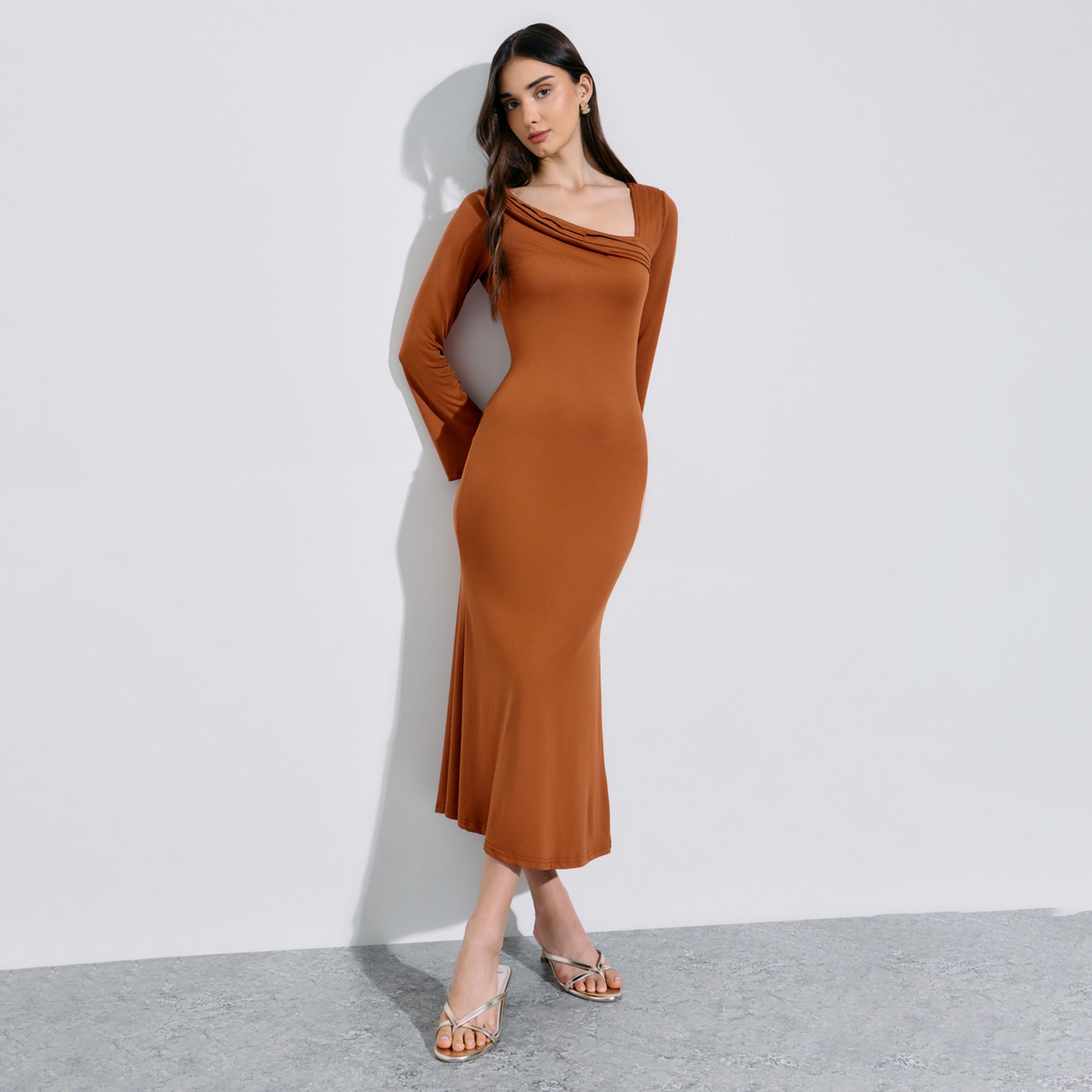 Styli Khaki Solid Asymmetric Neck Fit and Flare Midi Dress-women-clothing-dresses-image-1