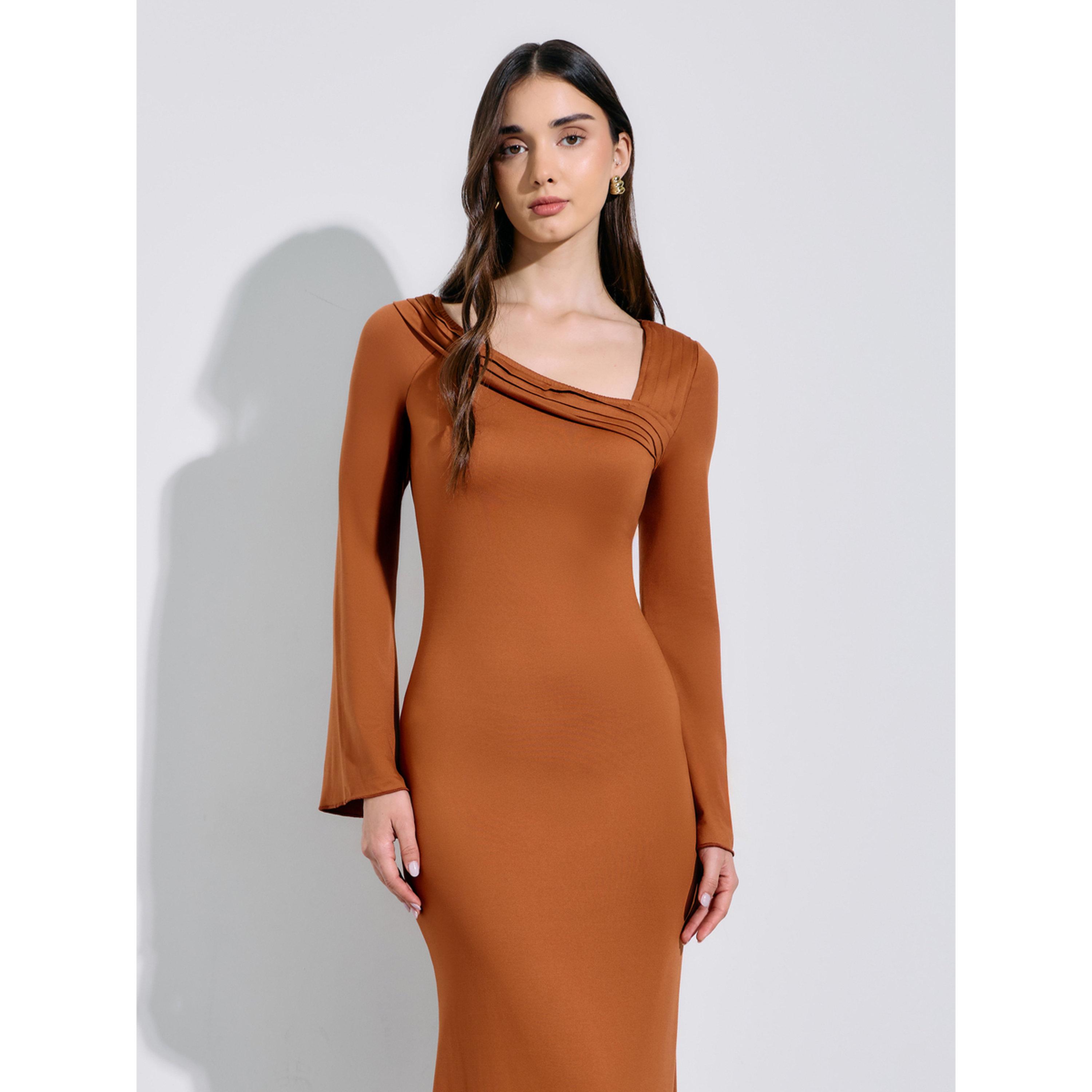 Styli Khaki Solid Asymmetric Neck Fit and Flare Midi Dress-women-clothing-dresses-image-2