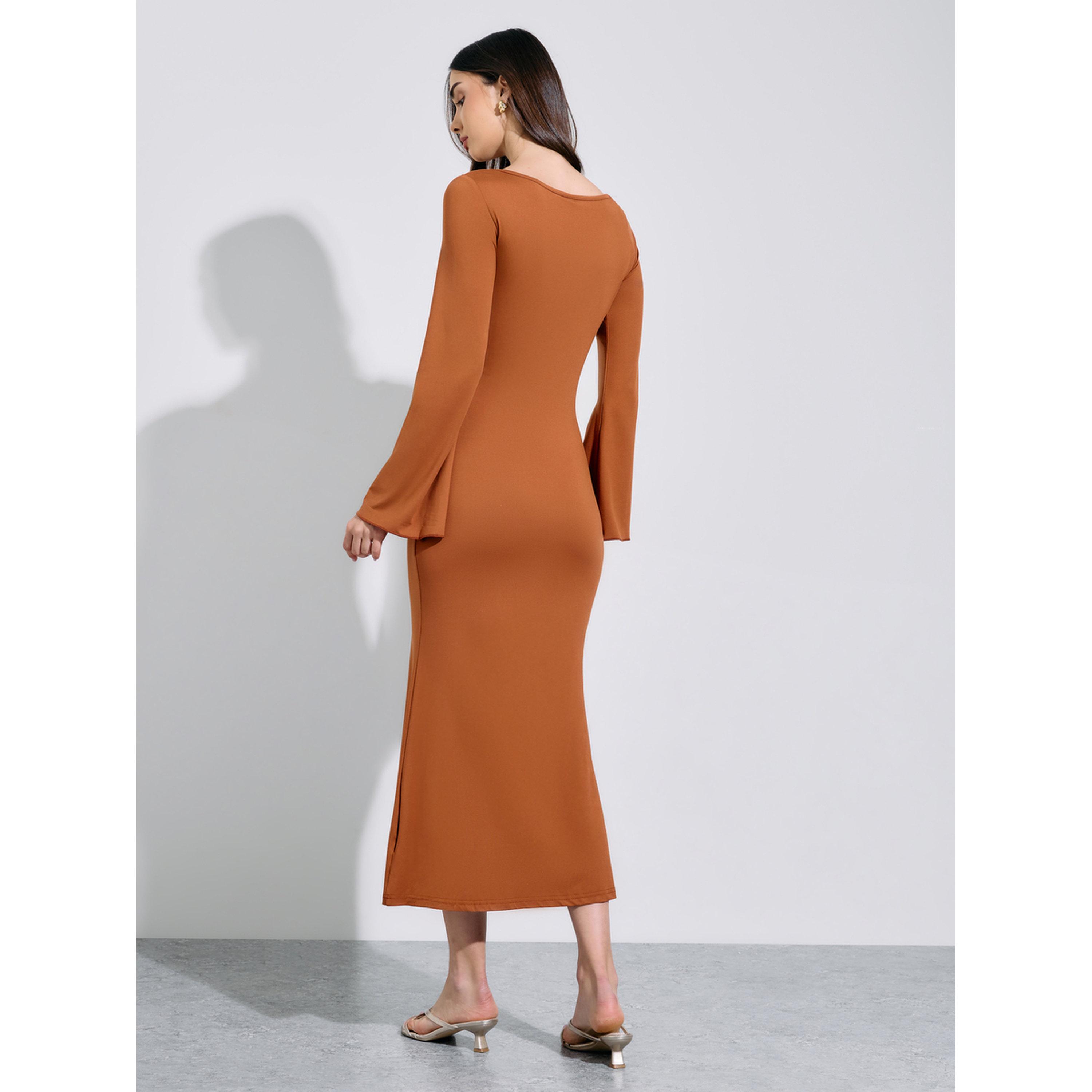 Styli Khaki Solid Asymmetric Neck Fit and Flare Midi Dress-women-clothing-dresses-image-3
