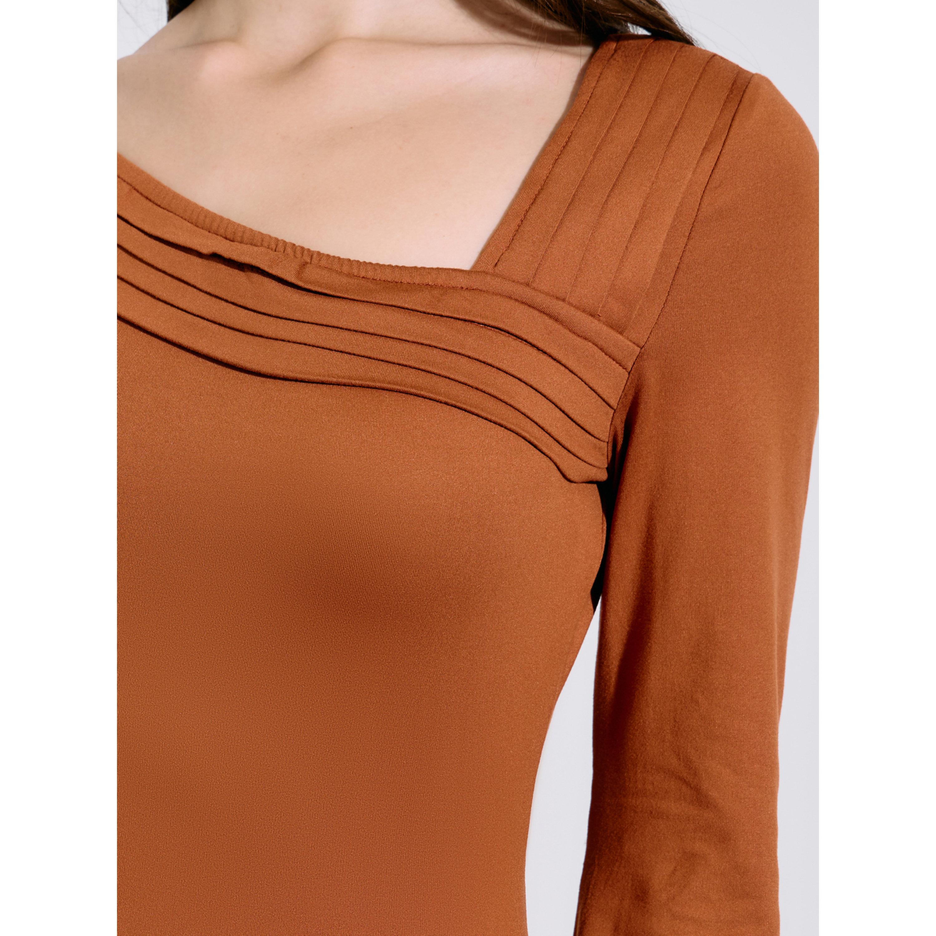 Styli Khaki Solid Asymmetric Neck Fit and Flare Midi Dress-women-clothing-dresses-image-4