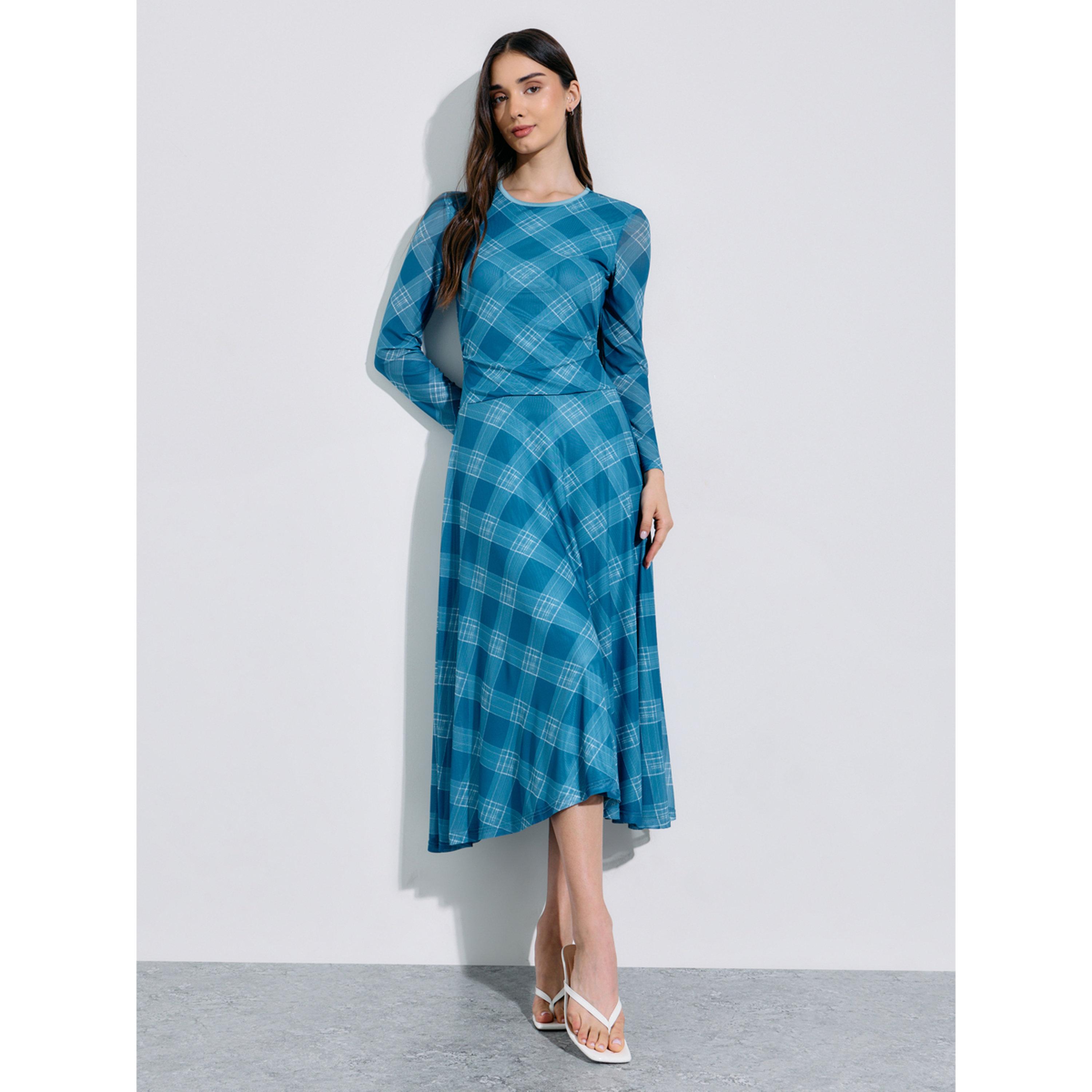 فستان ميدي بحافة واسعة وأكمام طويلة ونمط مربعات متعدد الألوان-women-clothing-dresses-image-1