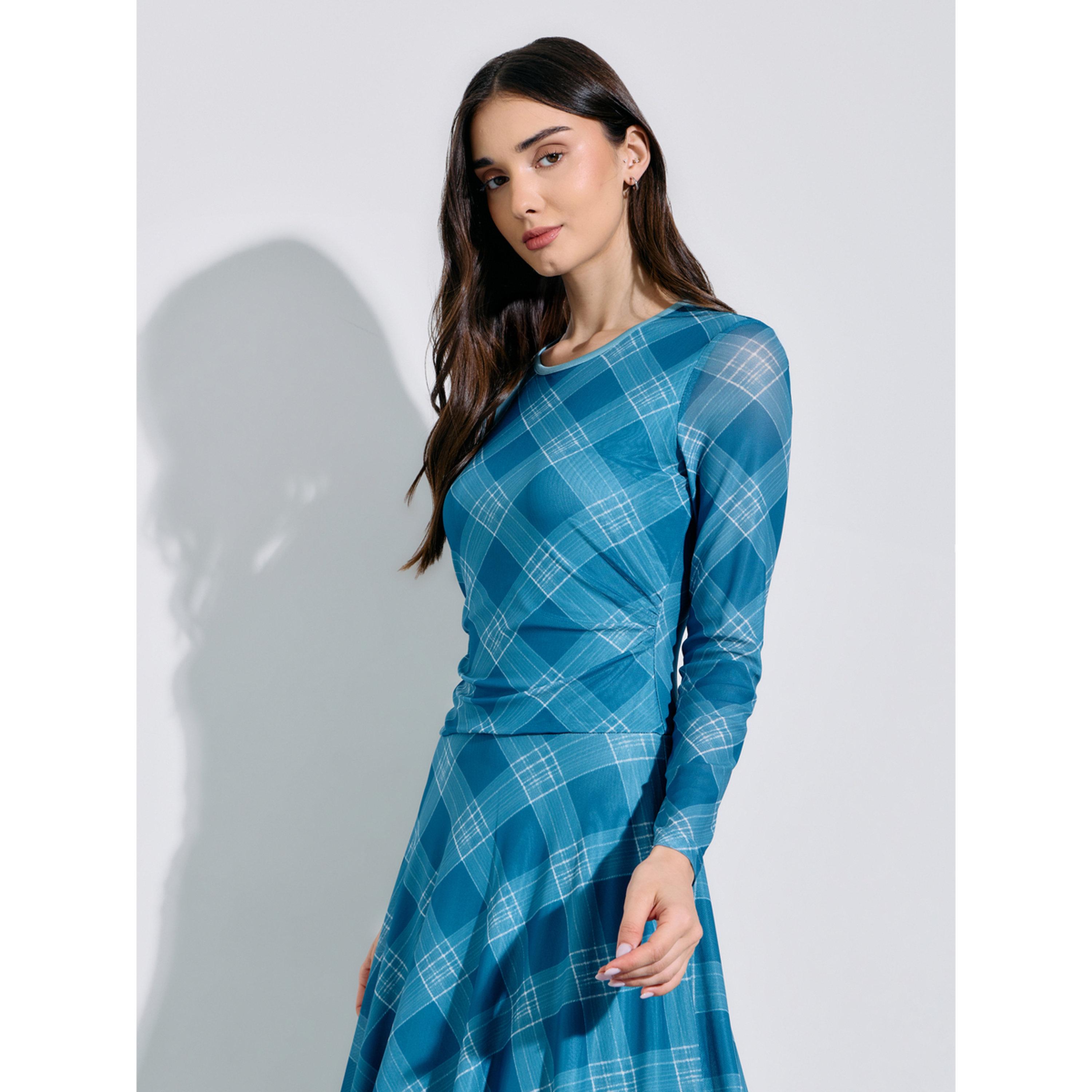 فستان ميدي بحافة واسعة وأكمام طويلة ونمط مربعات متعدد الألوان-women-clothing-dresses-image-2