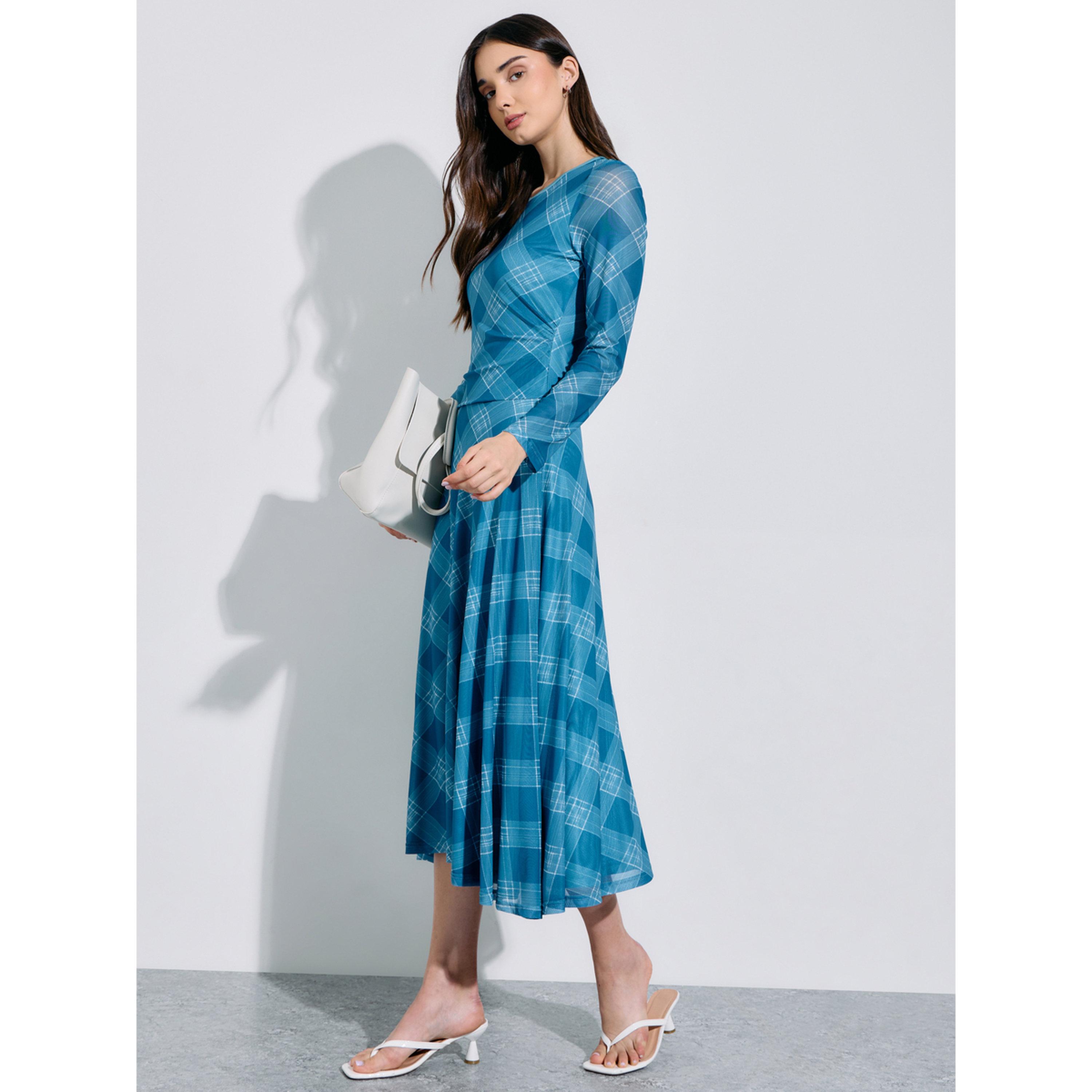 فستان ميدي بحافة واسعة وأكمام طويلة ونمط مربعات متعدد الألوان-women-clothing-dresses-image-3