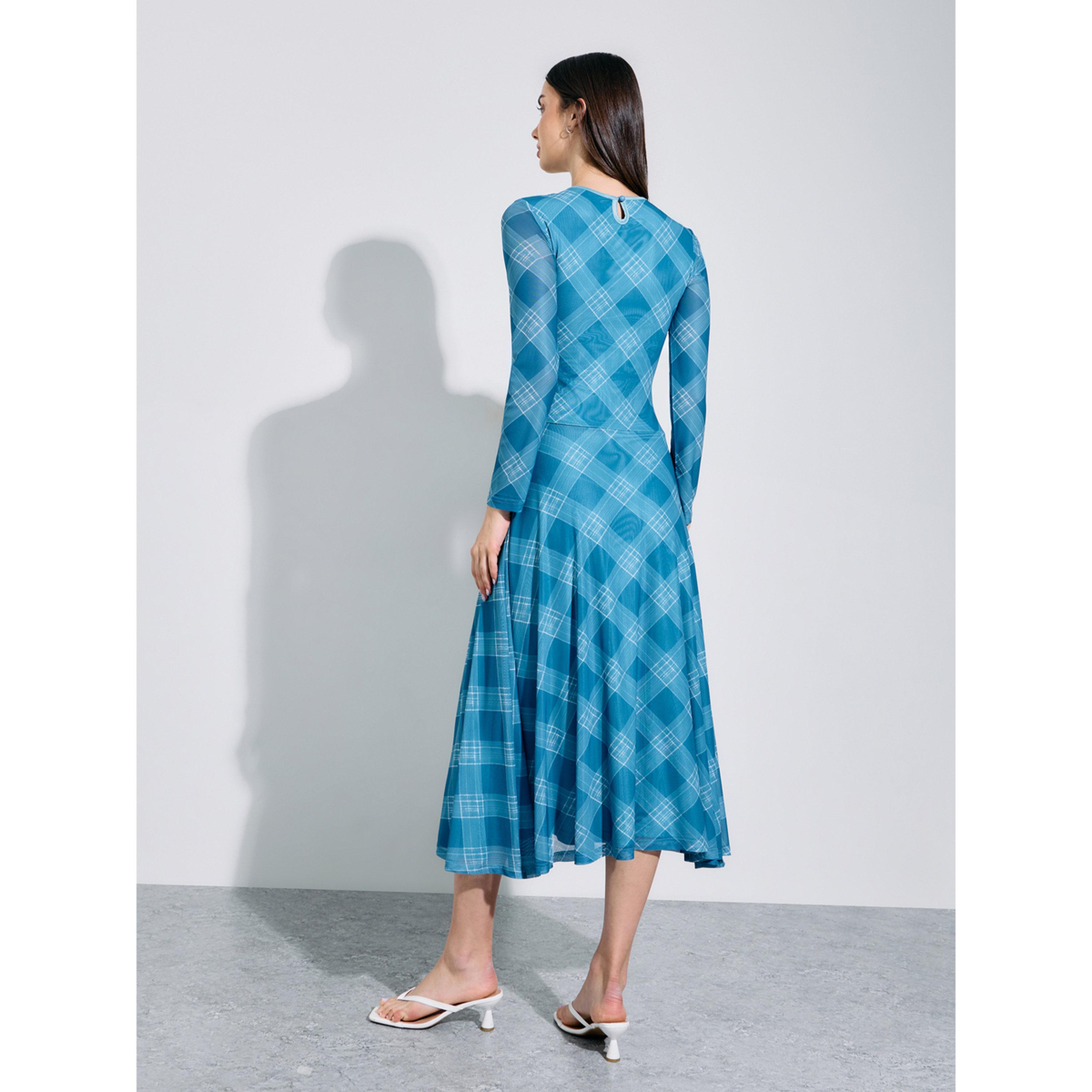 فستان ميدي بحافة واسعة وأكمام طويلة ونمط مربعات متعدد الألوان-women-clothing-dresses-image-4