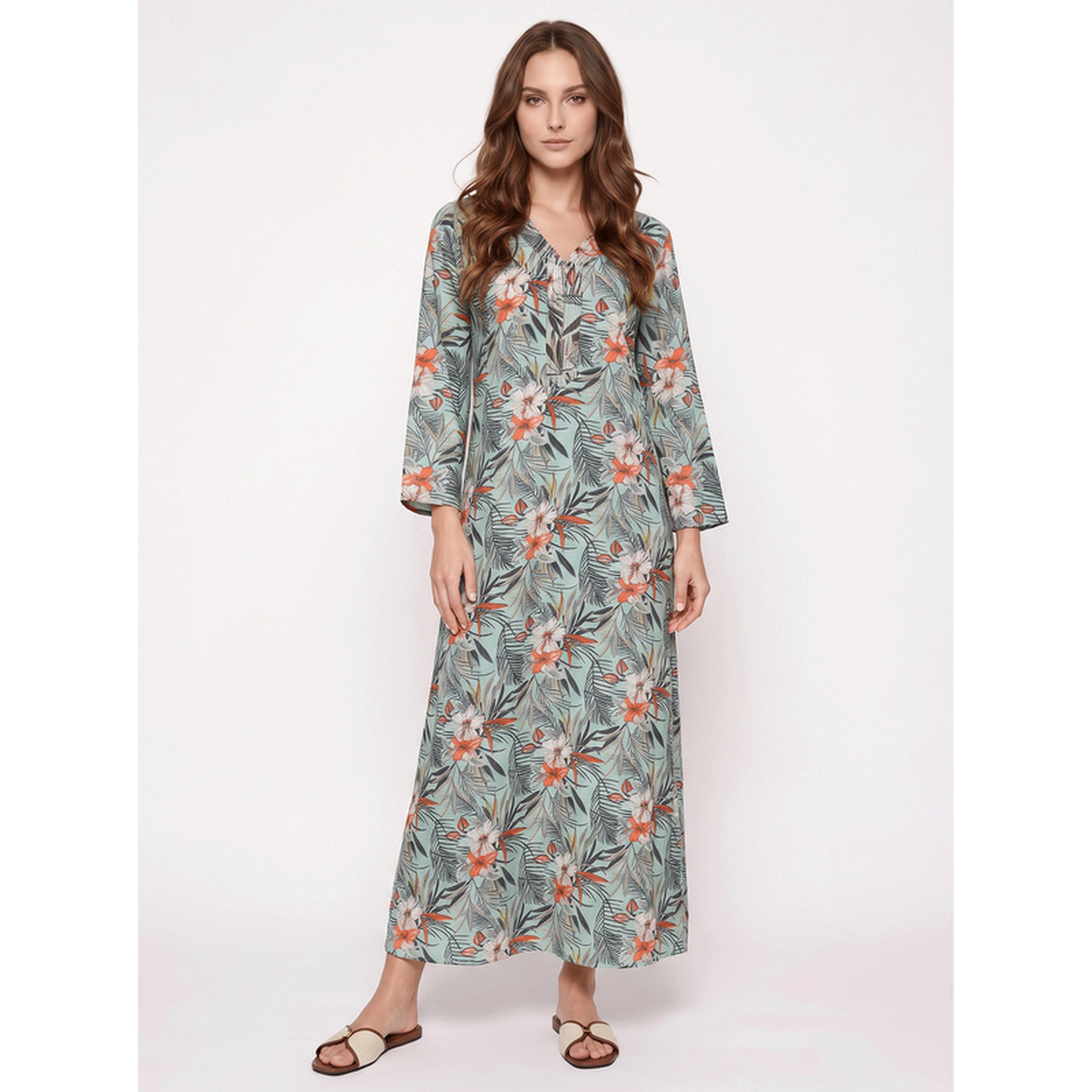 سيفا × ستايلي - فستان نوم ماكسي أخضر نقشة زهور استوائية-women-clothing-nightwear-nighties-image-1
