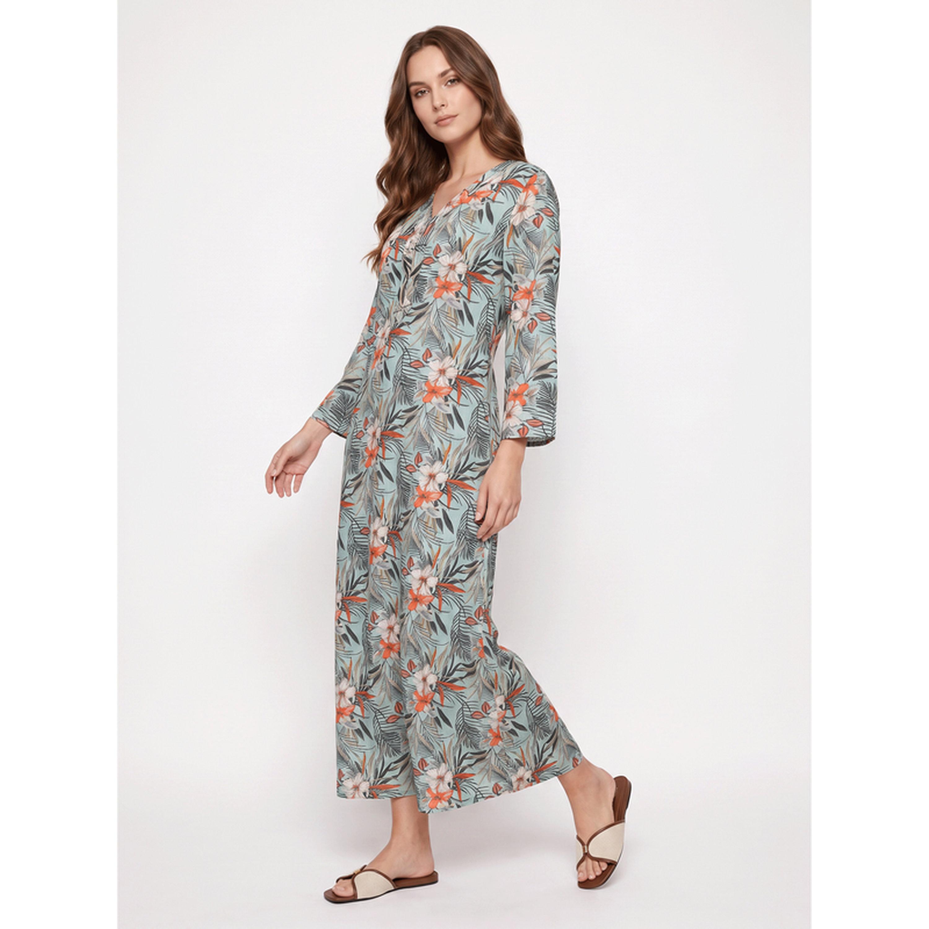 سيفا × ستايلي - فستان نوم ماكسي أخضر نقشة زهور استوائية-women-clothing-nightwear-nighties-image-2