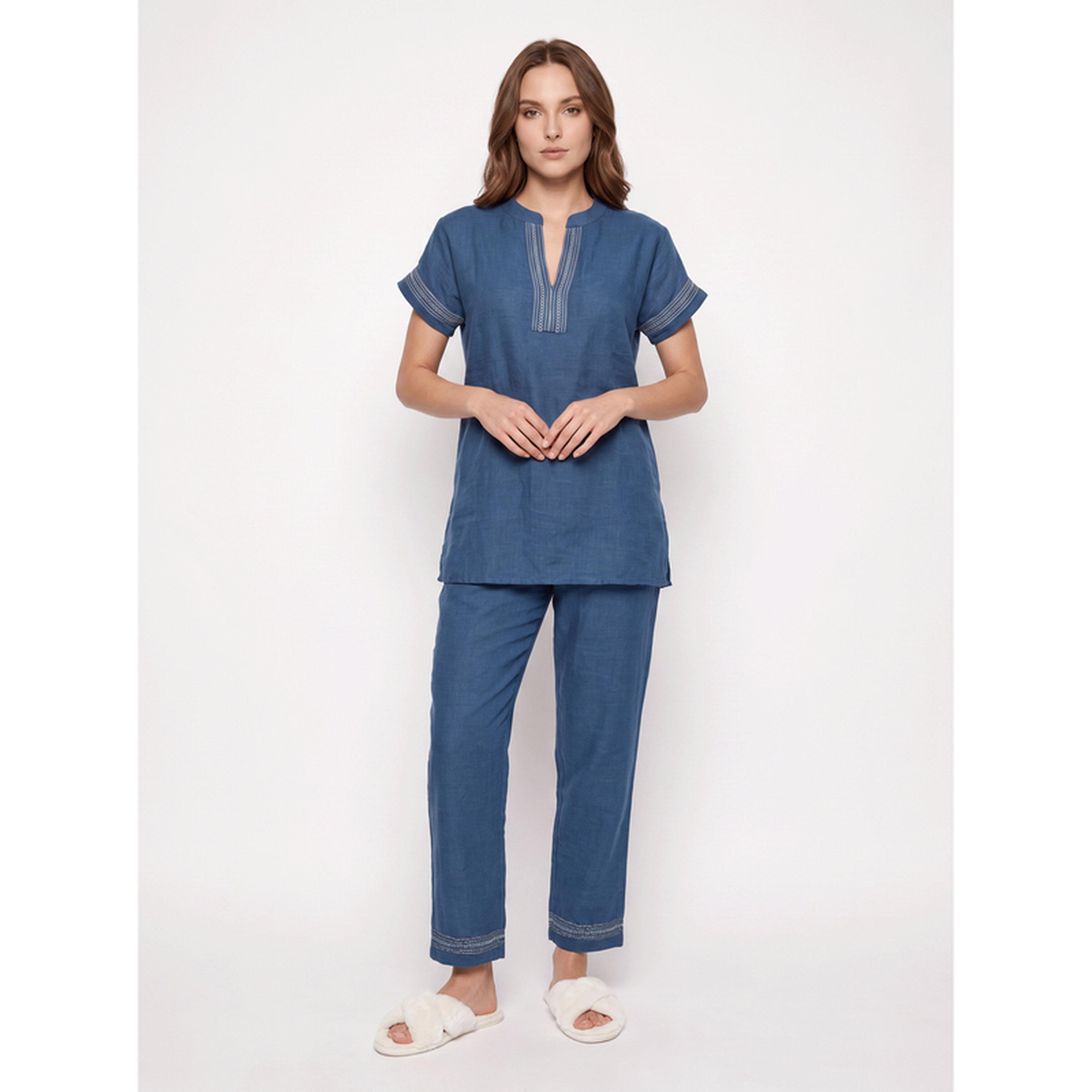 ميش - بيجاما أزرق قصير الأكمام مطرز-women-clothing-nightwear-pyjamas-longsets-image-1