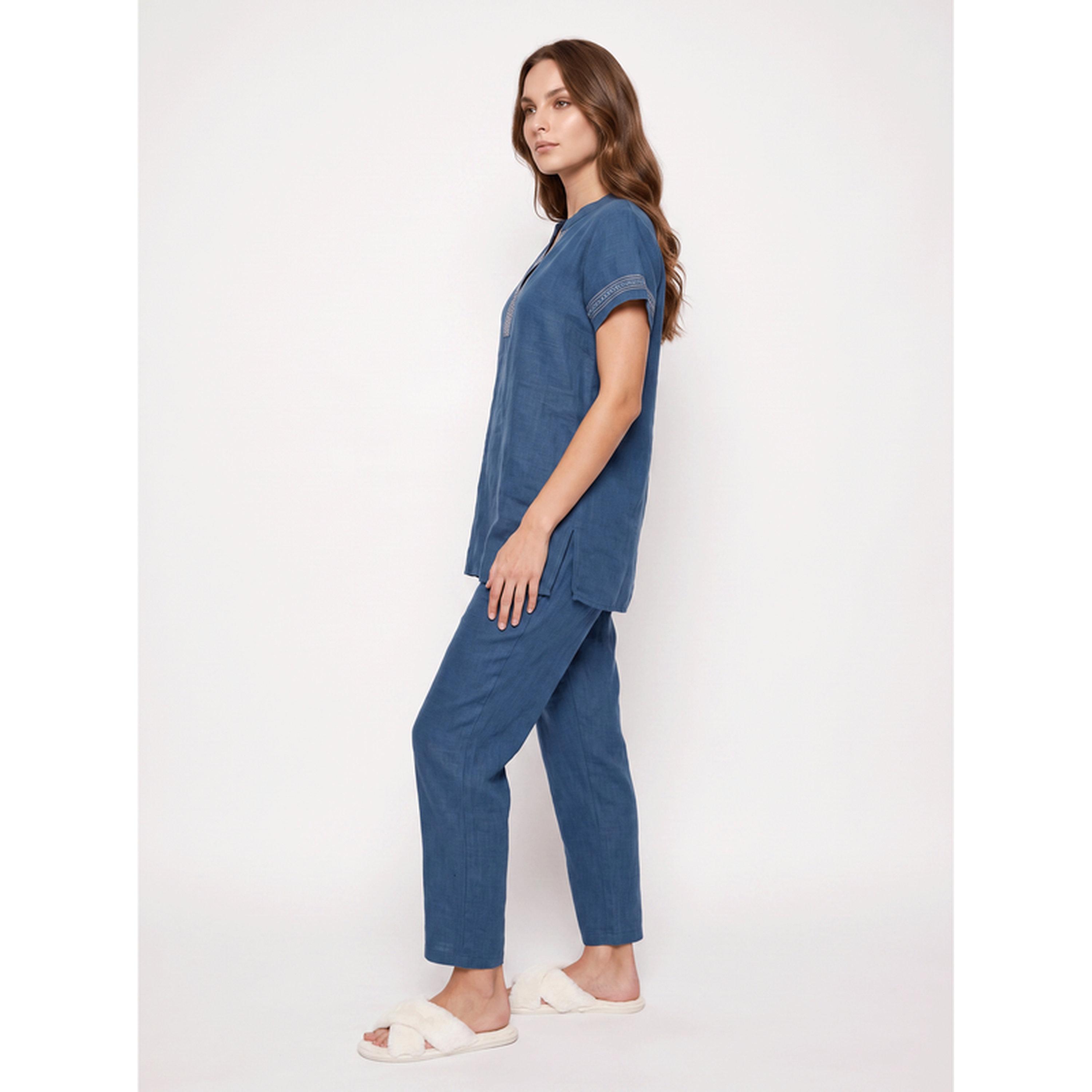 ميش - بيجاما أزرق قصير الأكمام مطرز-women-clothing-nightwear-pyjamas-longsets-image-2