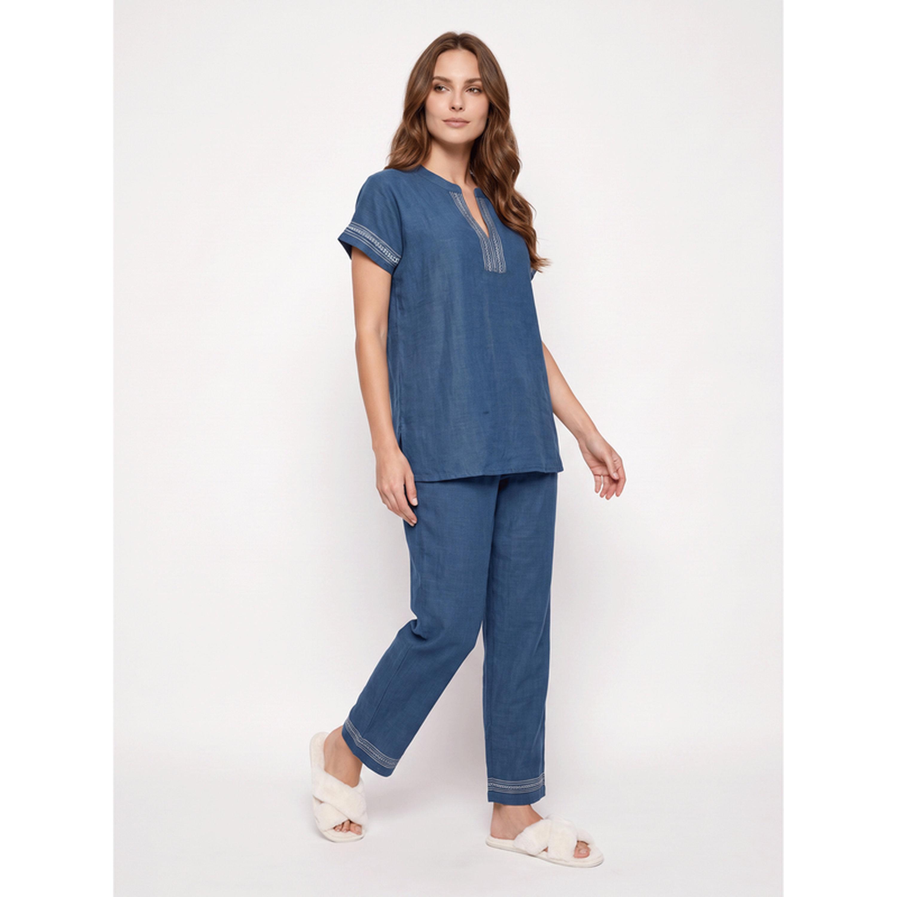 Mish Blue Short Sleeve Embroidered Pyjama Set-women-clothing-nightwear-pyjamas-longsets-image-3