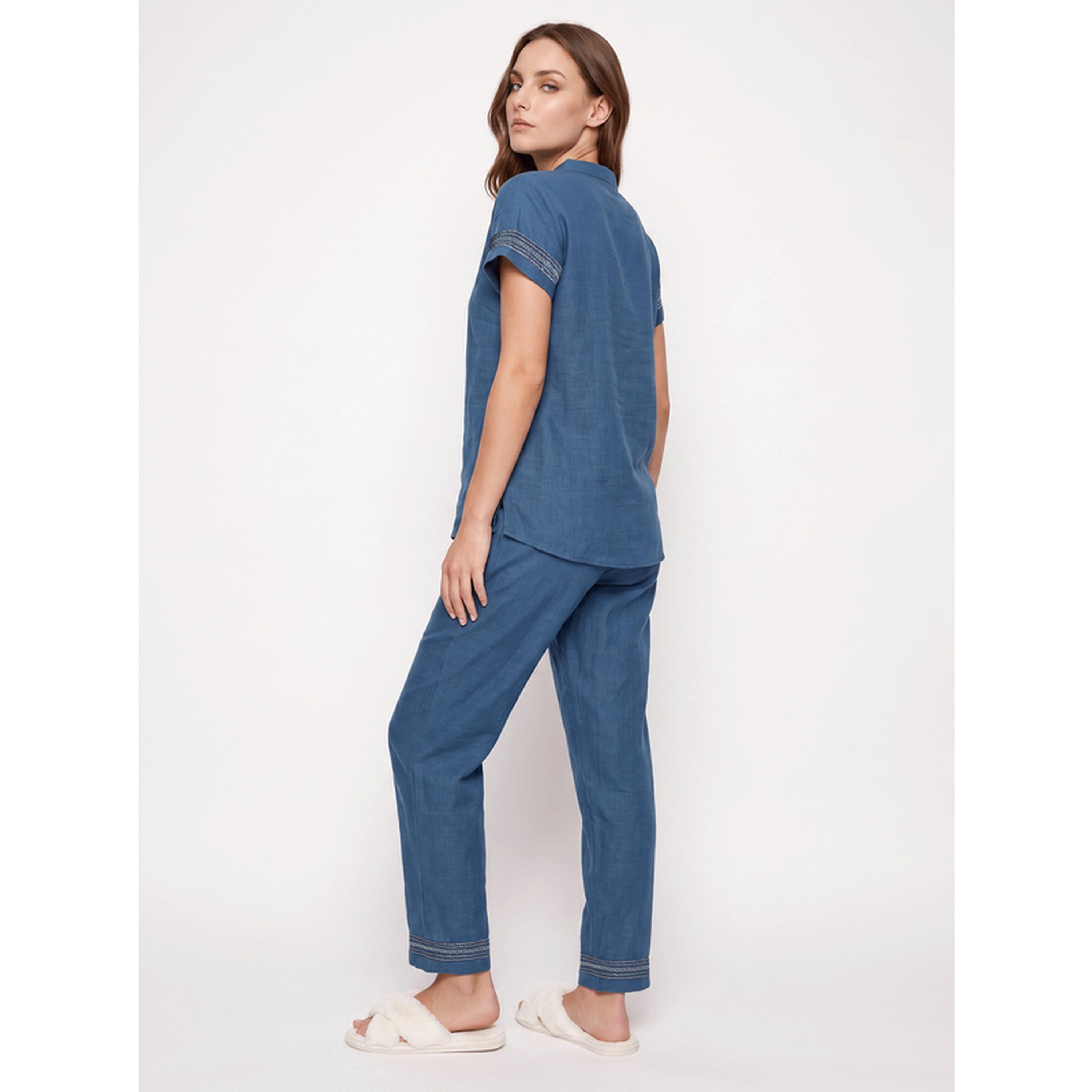 Mish Blue Short Sleeve Embroidered Pyjama Set-women-clothing-nightwear-pyjamas-longsets-image-4