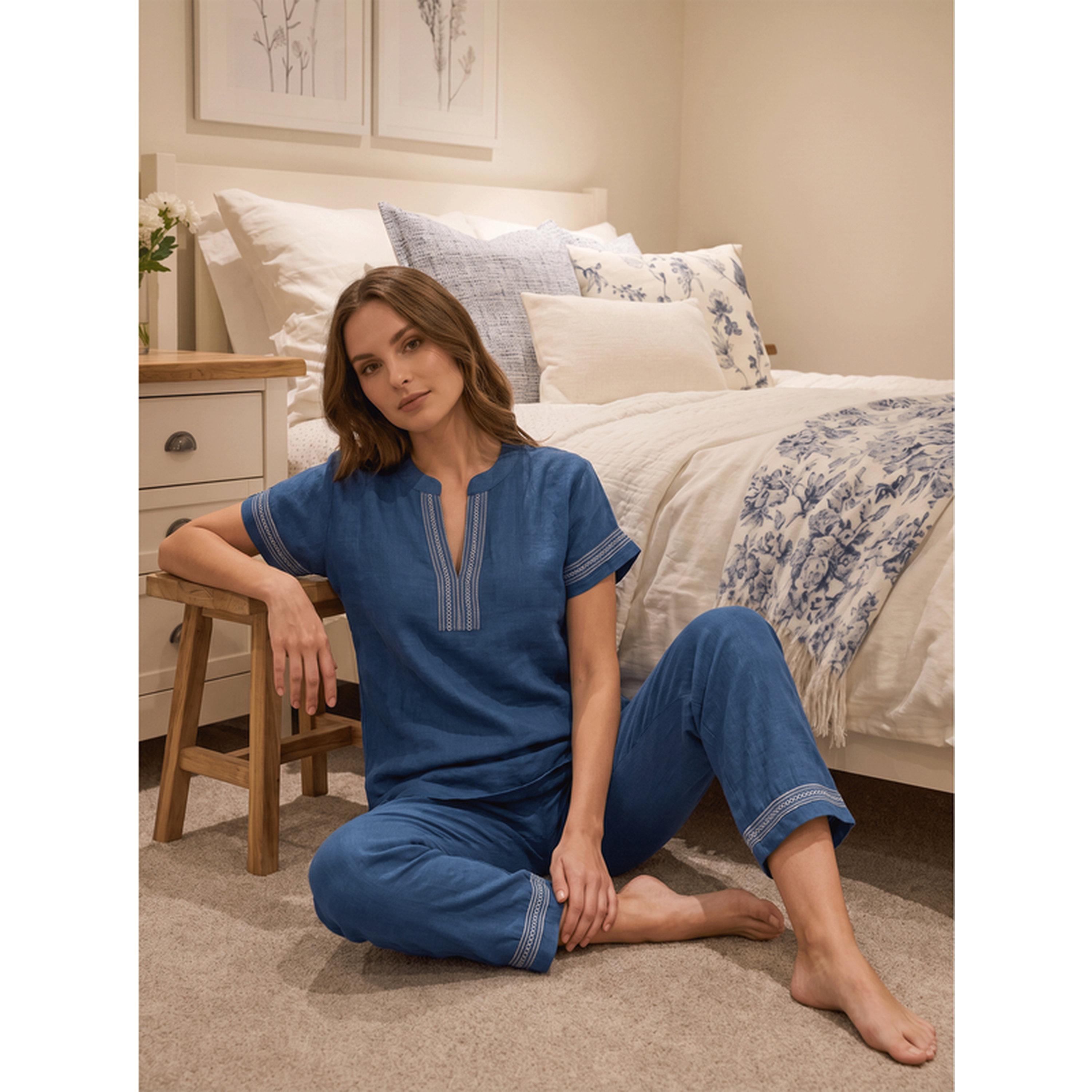 Mish Blue Short Sleeve Embroidered Pyjama Set-women-clothing-nightwear-pyjamas-longsets-image-5