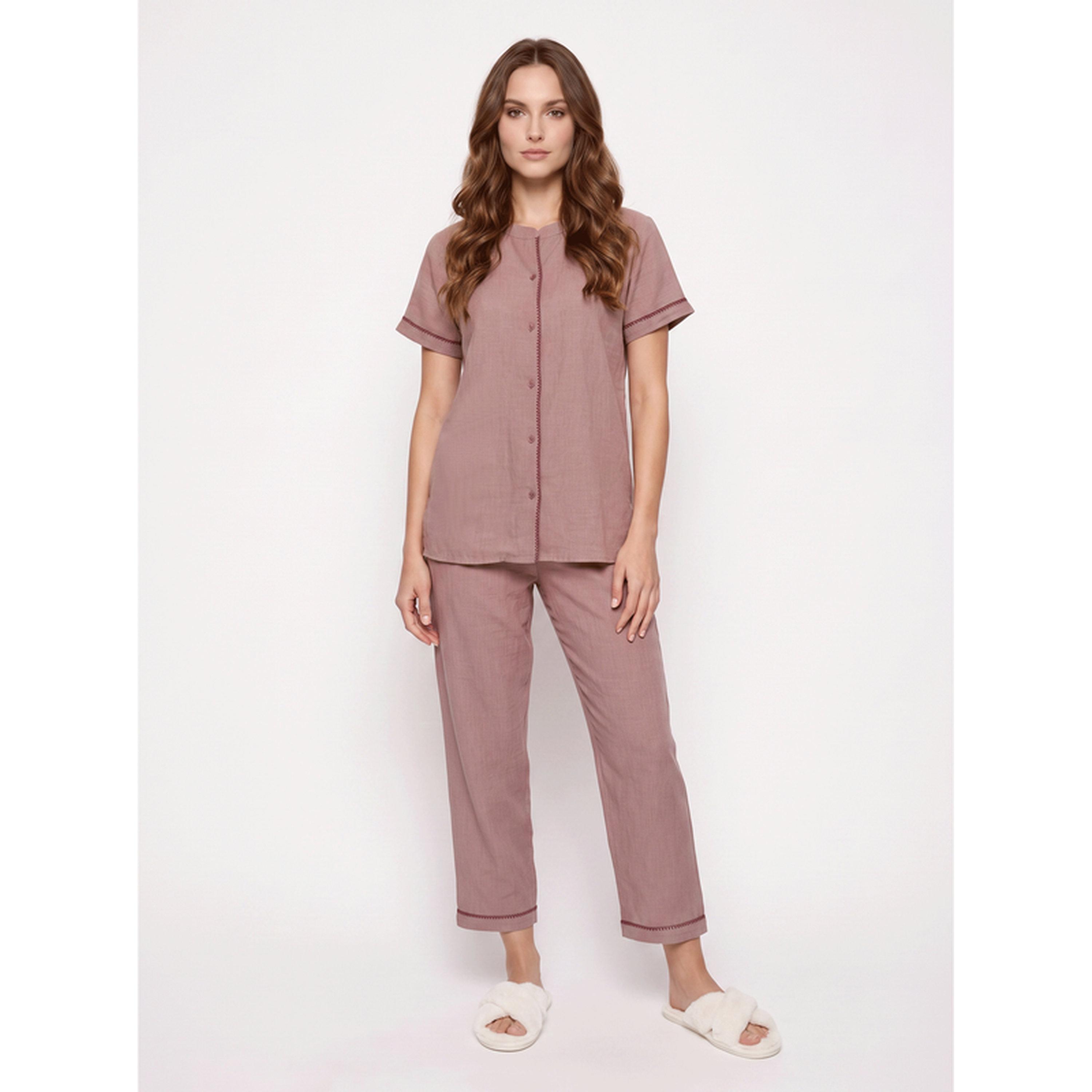 Mish Pink Woven Short Sleeve Pyjama Set-women-clothing-nightwear-pyjamas-longsets-image-1