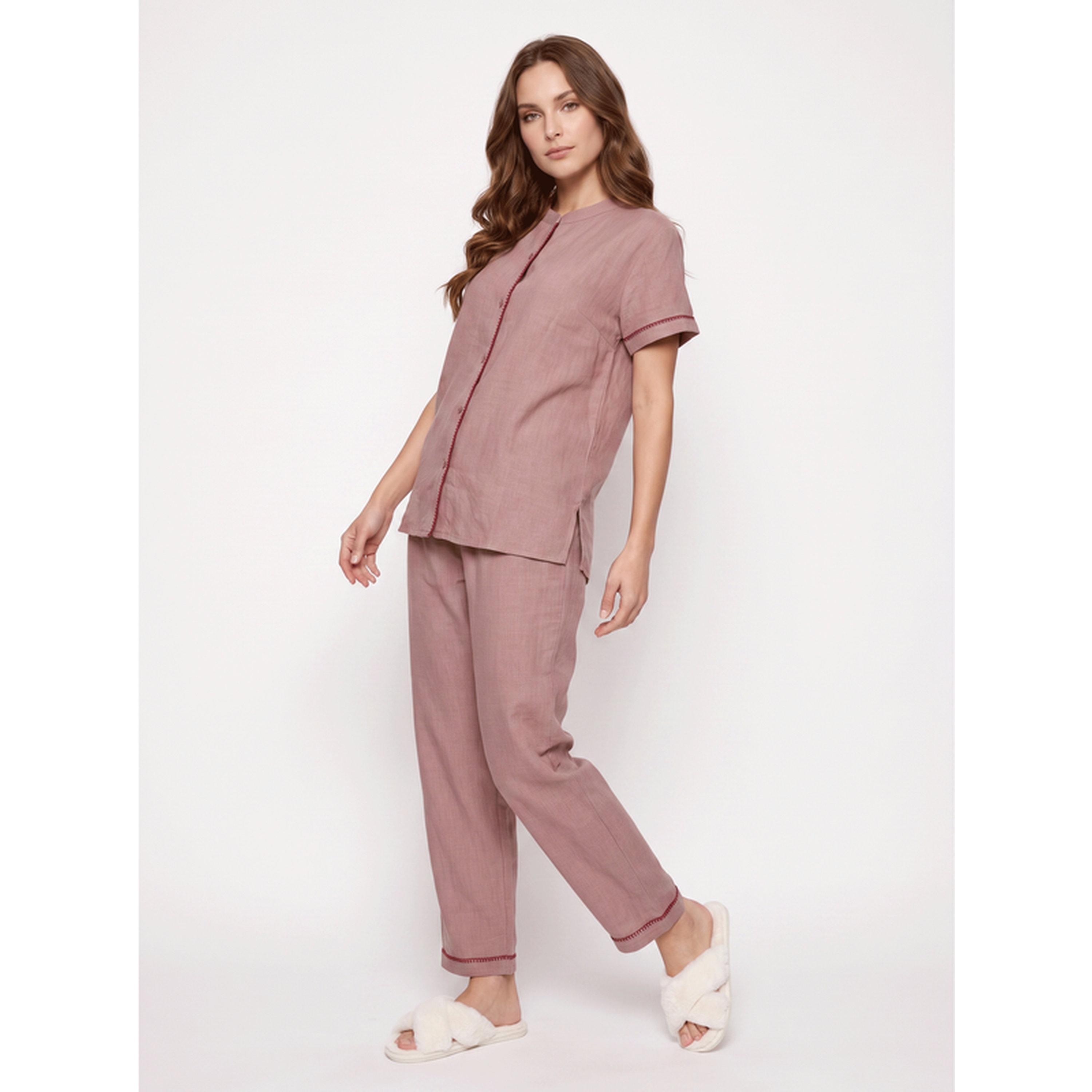 Mish Pink Woven Short Sleeve Pyjama Set-women-clothing-nightwear-pyjamas-longsets-image-2