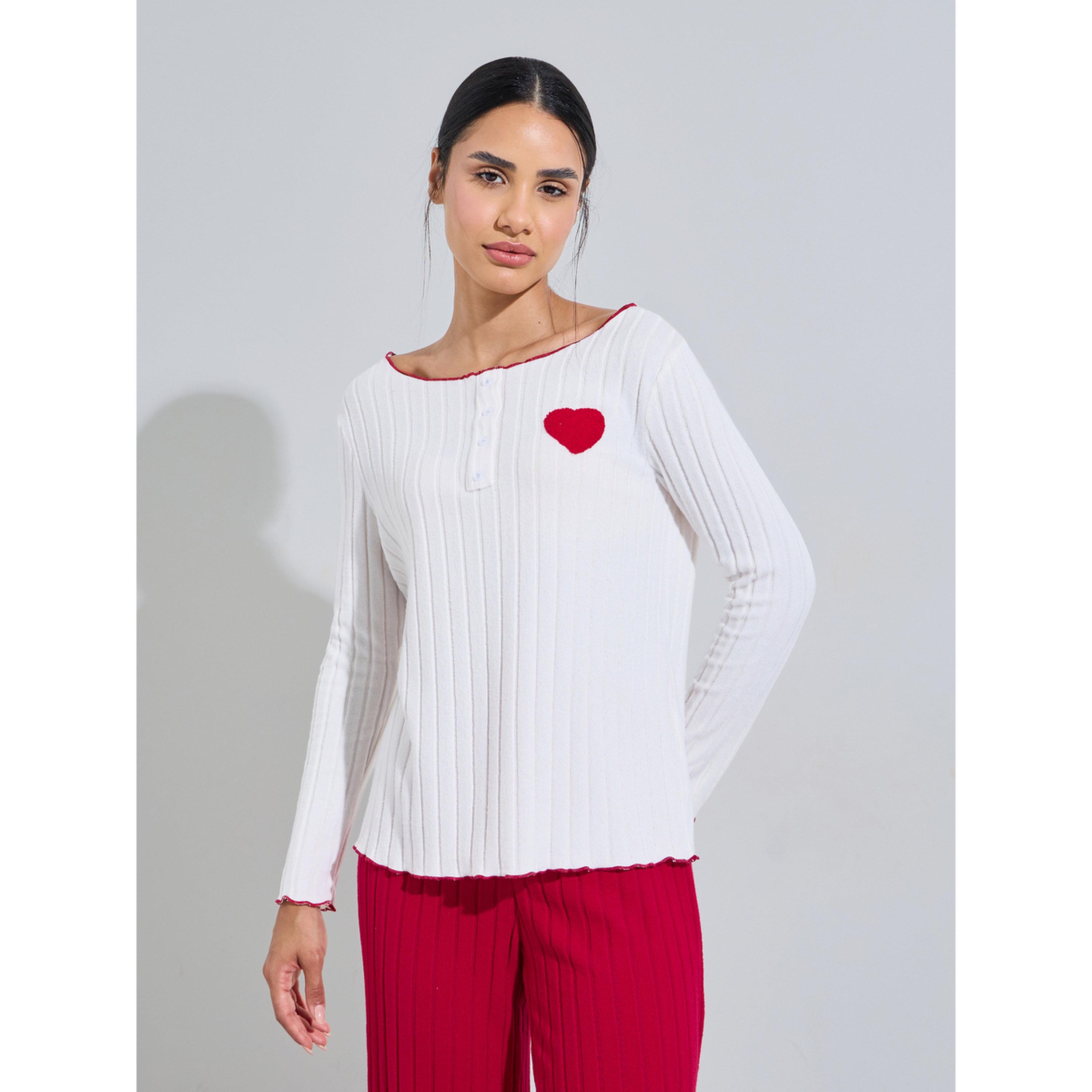 طقم بيجاما من بنطال سادة وبلوزة بياقة قارب بتفاصيل مضلعة وطبعة قلوب بورجوندي-women-clothing-nightwear-pyjamas-longsets-image-3