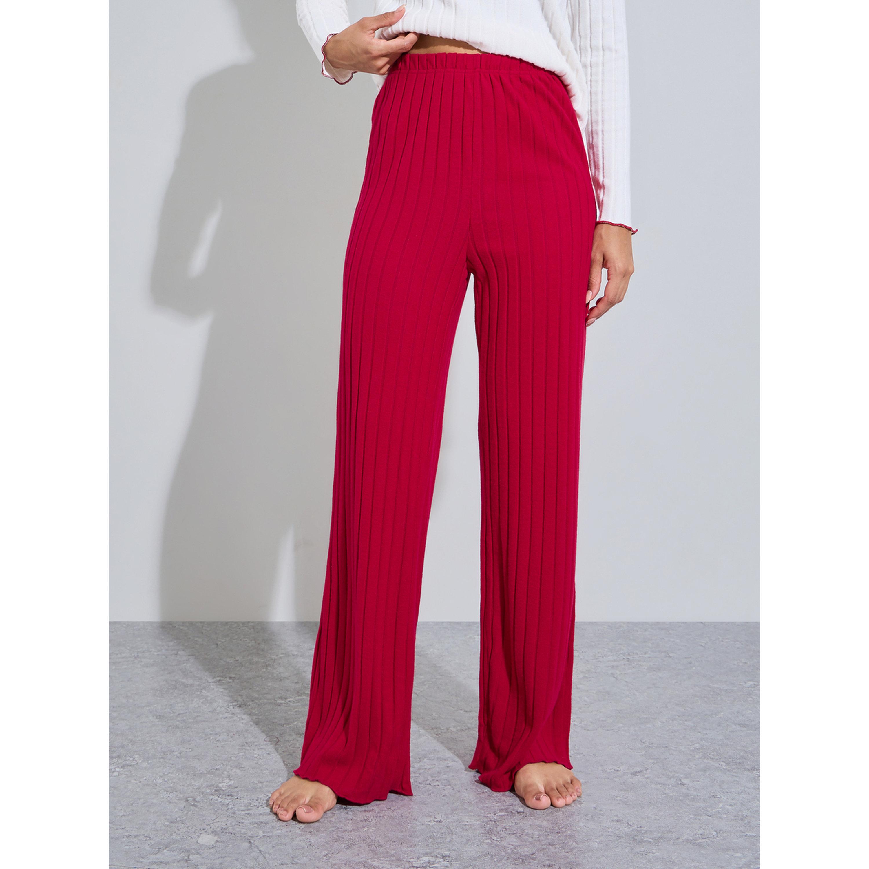 طقم بيجاما من بنطال سادة وبلوزة بياقة قارب بتفاصيل مضلعة وطبعة قلوب بورجوندي-women-clothing-nightwear-pyjamas-longsets-image-5