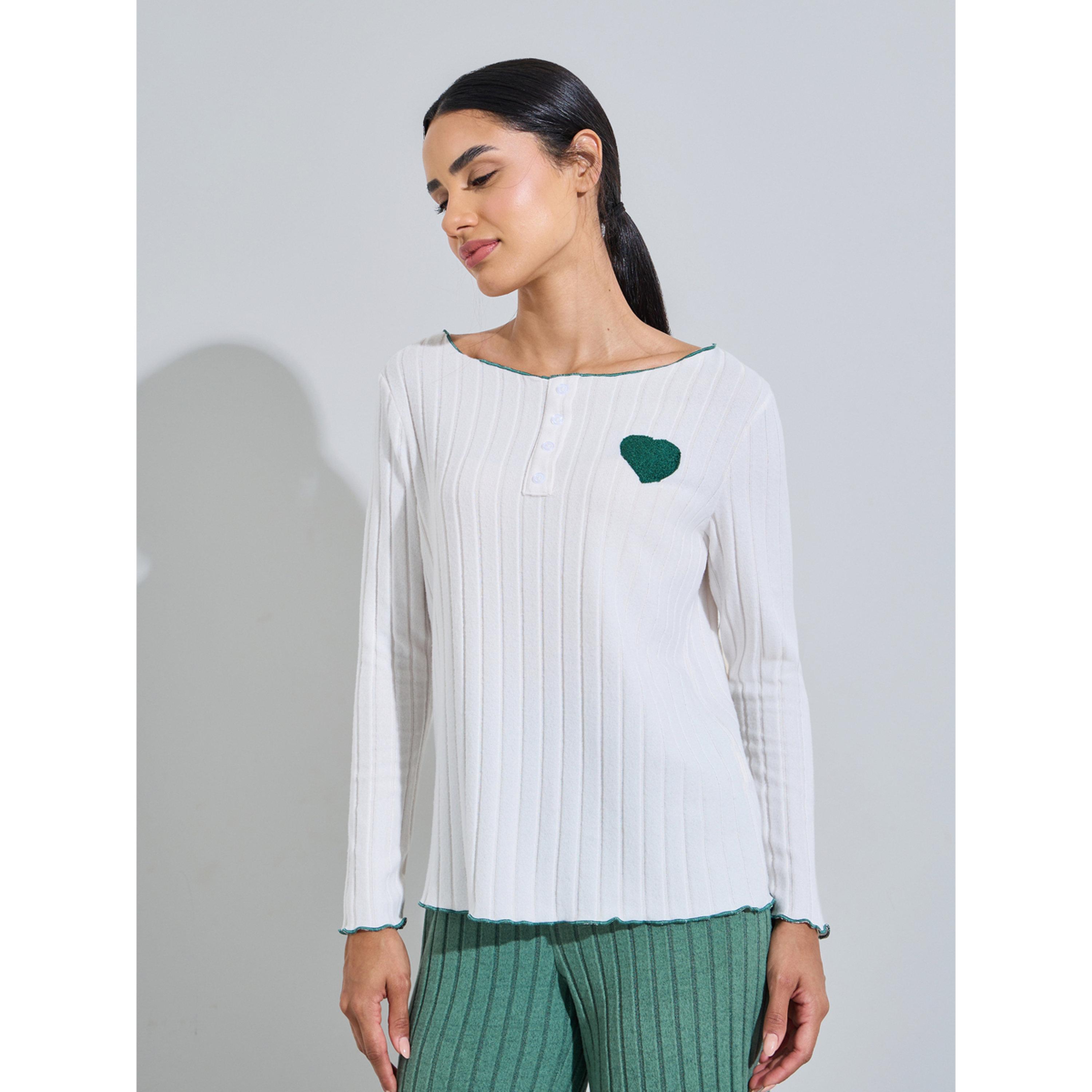 طقم بيجاما من بنطال سادة وبلوزة بياقة قارب بتفاصيل مضلعة وطبعة قلوب أخضر-women-clothing-nightwear-pyjamas-longsets-image-2