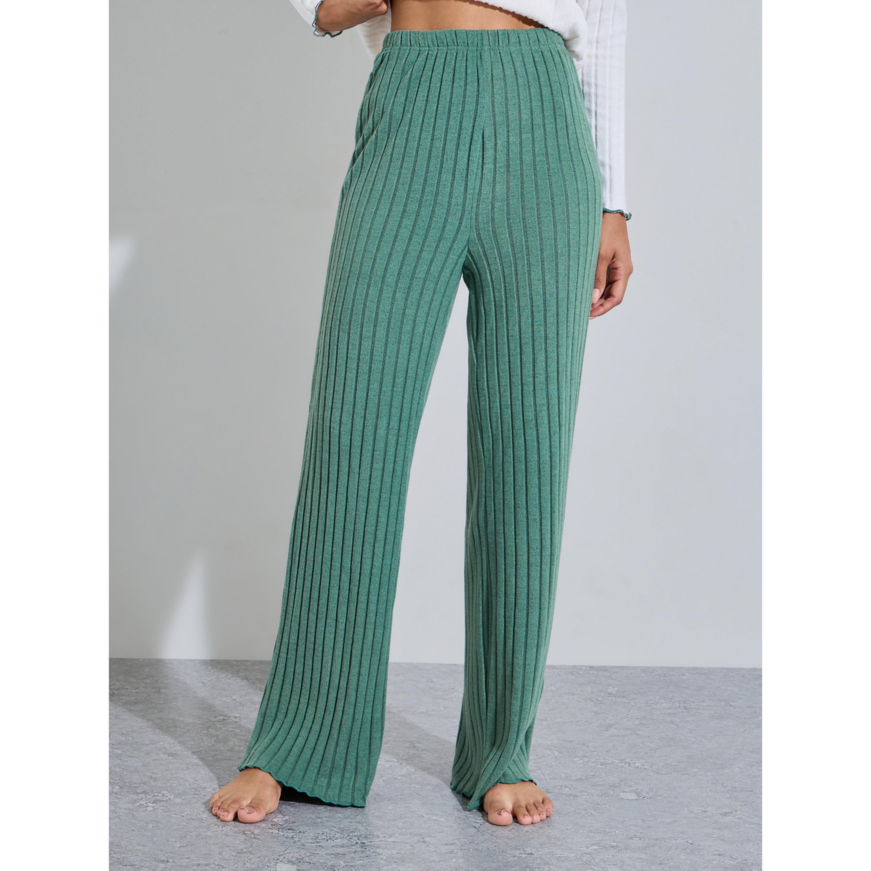 طقم بيجاما من بنطال سادة وبلوزة بياقة قارب بتفاصيل مضلعة وطبعة قلوب أخضر-women-clothing-nightwear-pyjamas-longsets-image-4