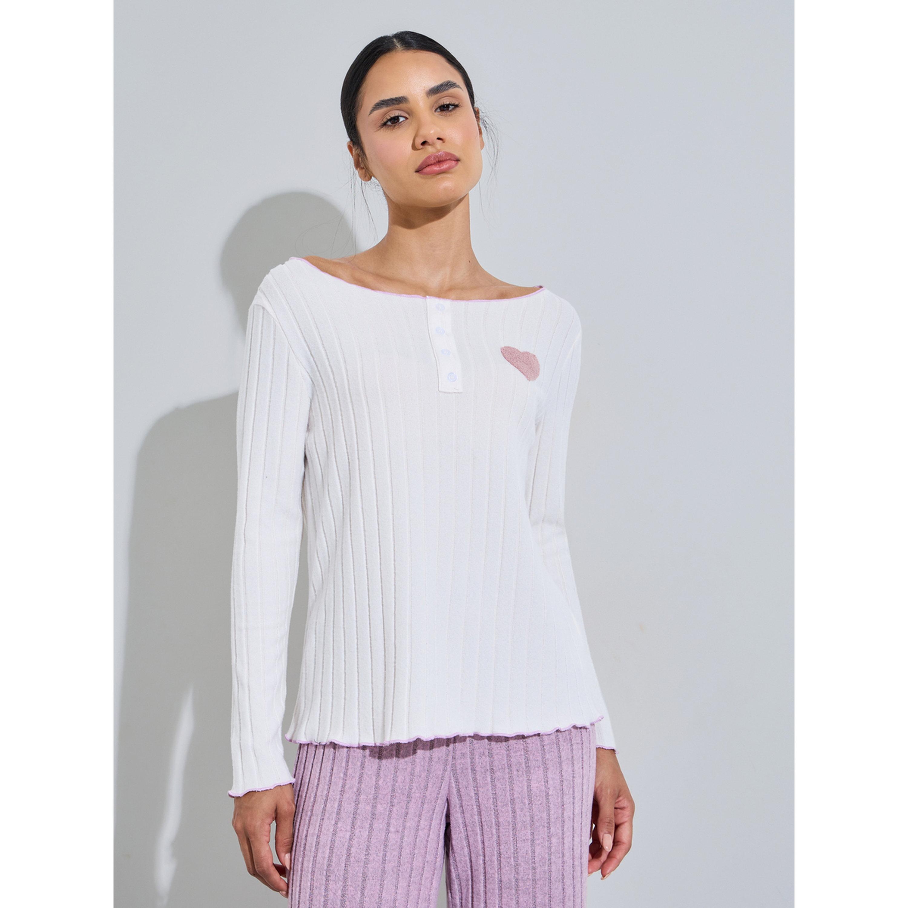 طقم بيجاما من بنطال سادة وبلوزة بياقة قارب بتفاصيل مضلعة وطبعة قلوب وردي-women-clothing-nightwear-pyjamas-longsets-image-2