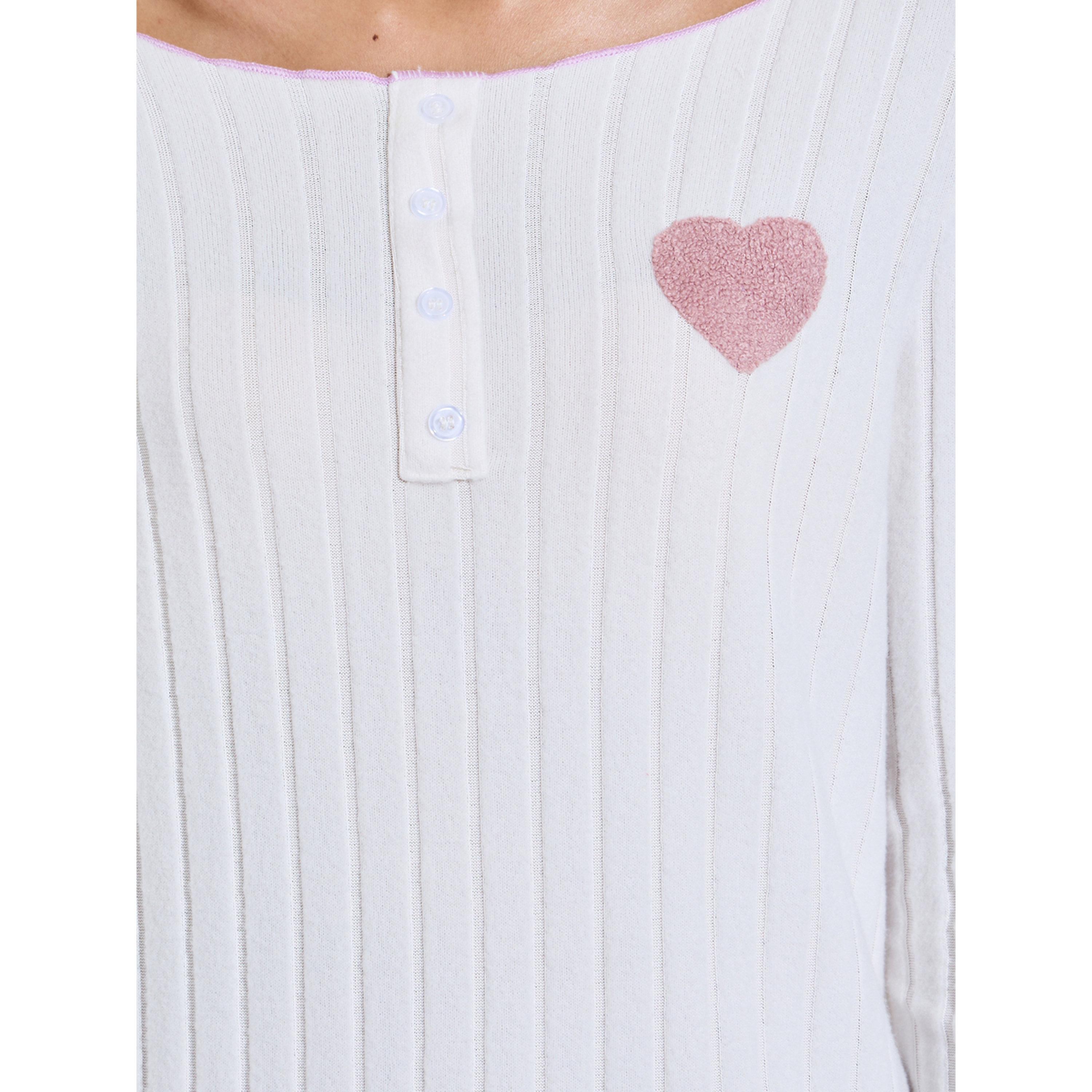 طقم بيجاما من بنطال سادة وبلوزة بياقة قارب بتفاصيل مضلعة وطبعة قلوب وردي-women-clothing-nightwear-pyjamas-longsets-image-5