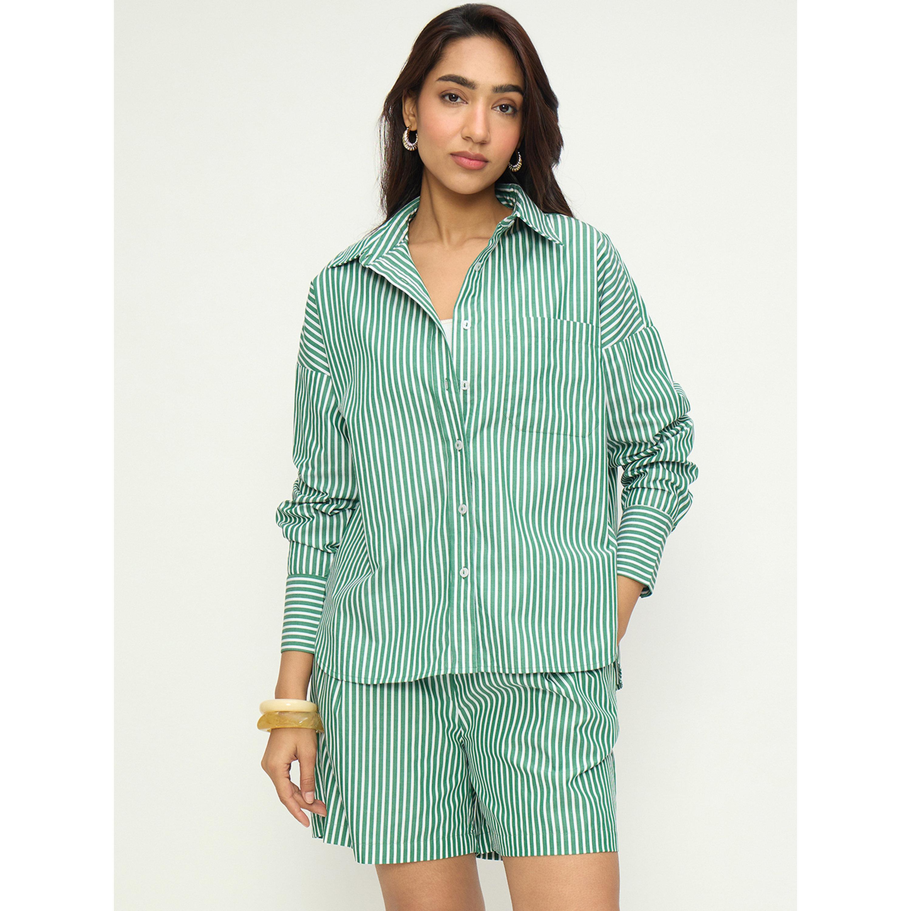 Femmella X Styli Green Stripe Shirt Co-Ord Set-women-clothing-coordsets-image-1
