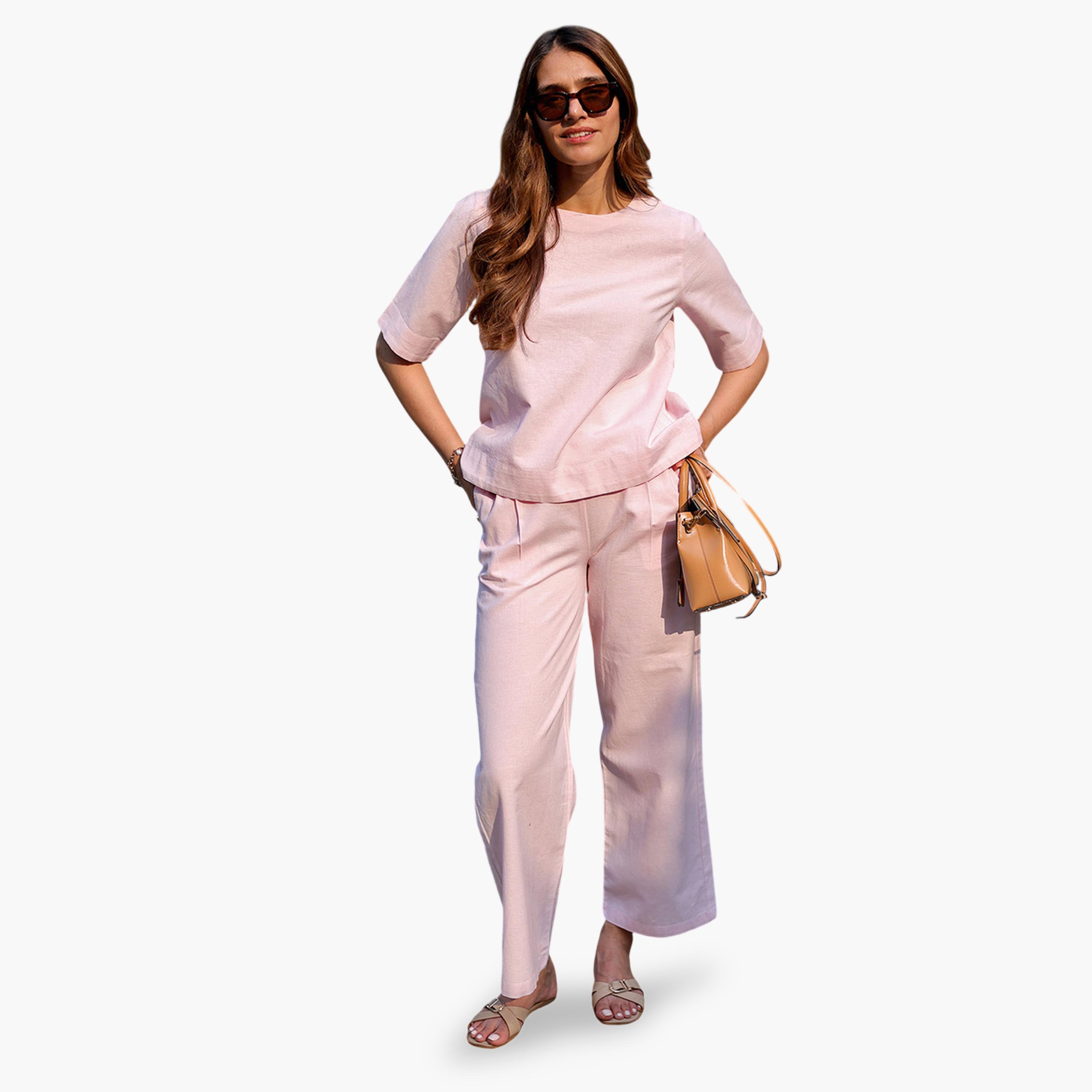 Femmella X Styli Rose Pink Linen Blend Straight Trousers-women-clothing-joggers-image-2
