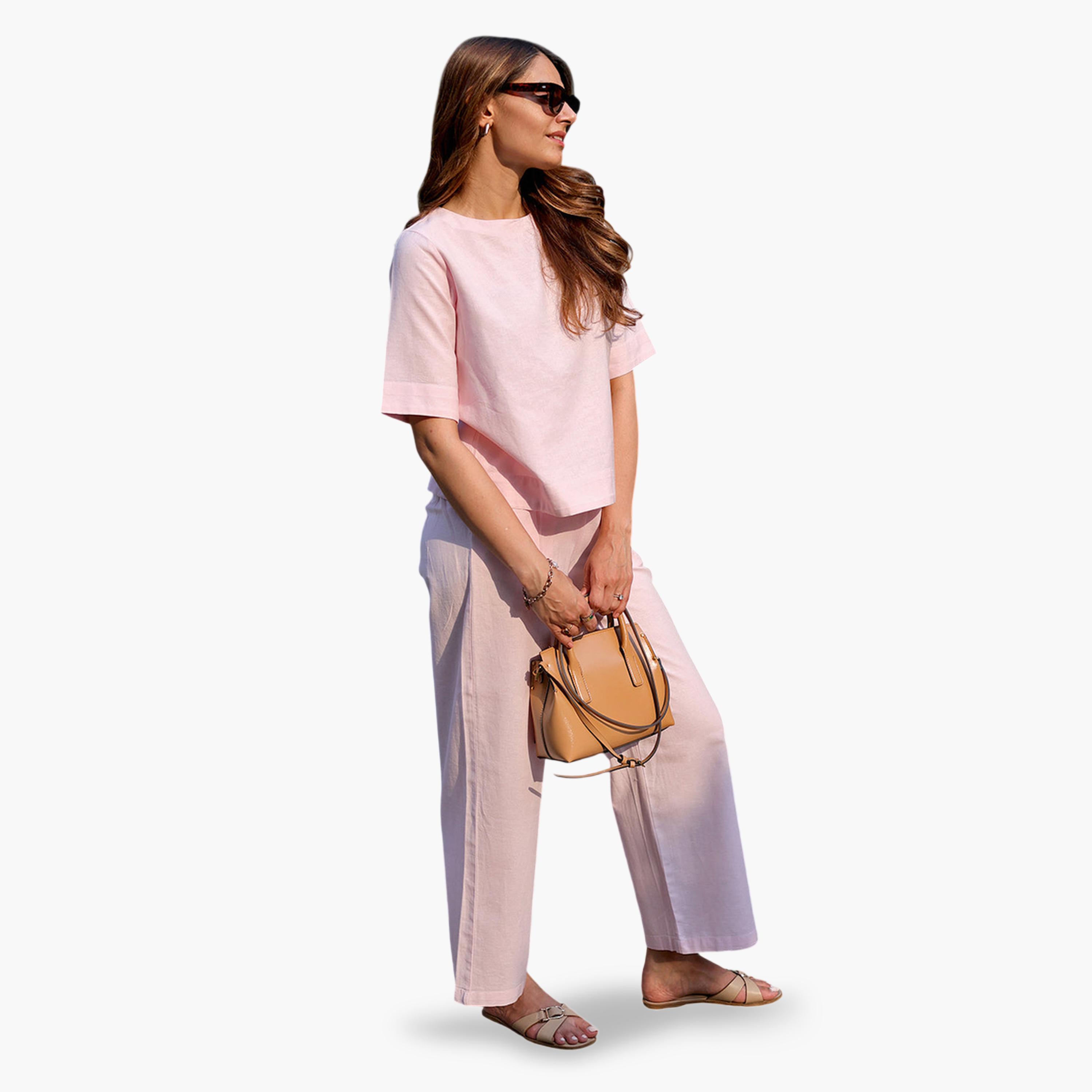 Femmella X Styli Rose Pink Linen Blend Straight Trousers-women-clothing-joggers-image-5