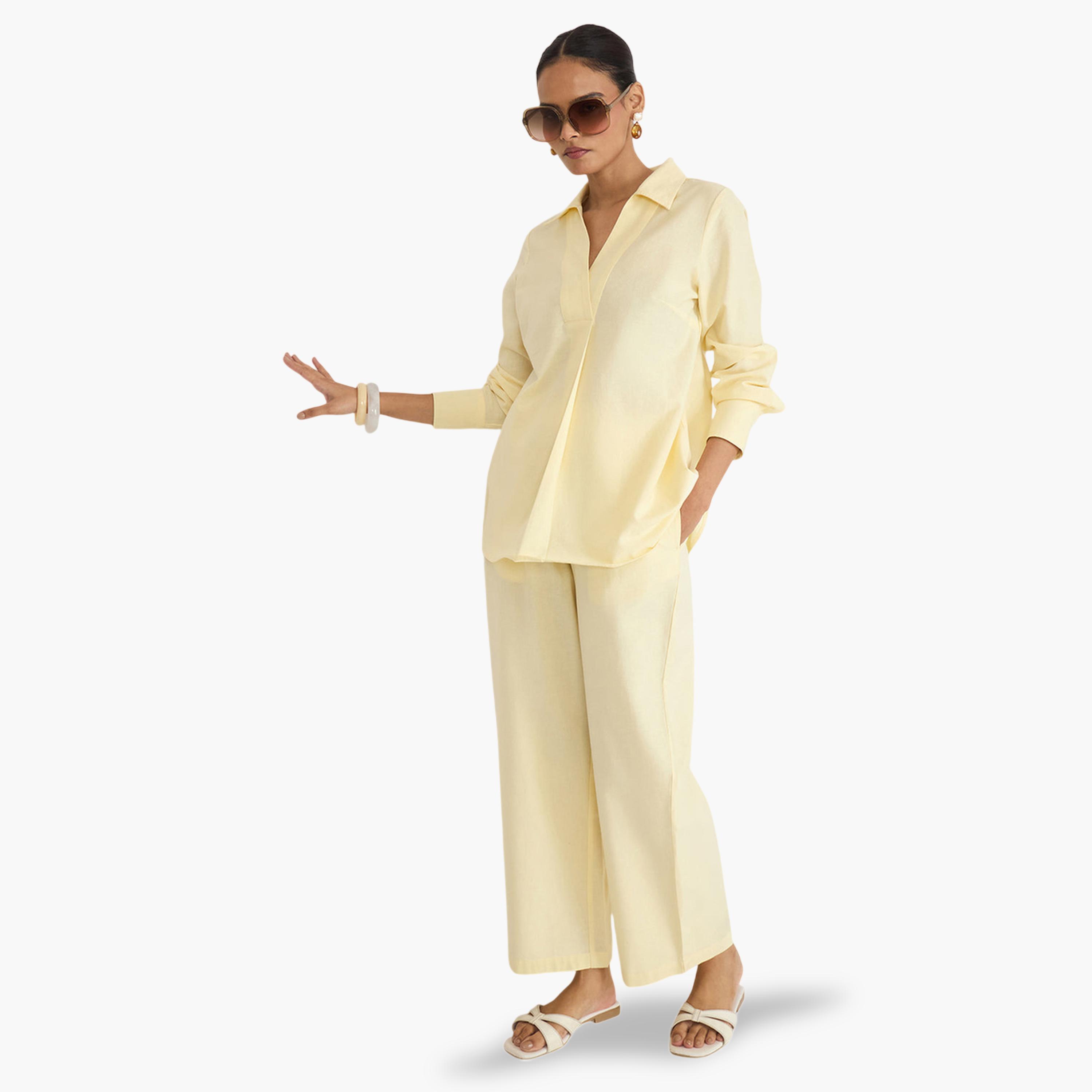 Femmella X Styli Pale Yellow Linen Blend Wide-Leg Trousers-women-clothing-joggers-image-2