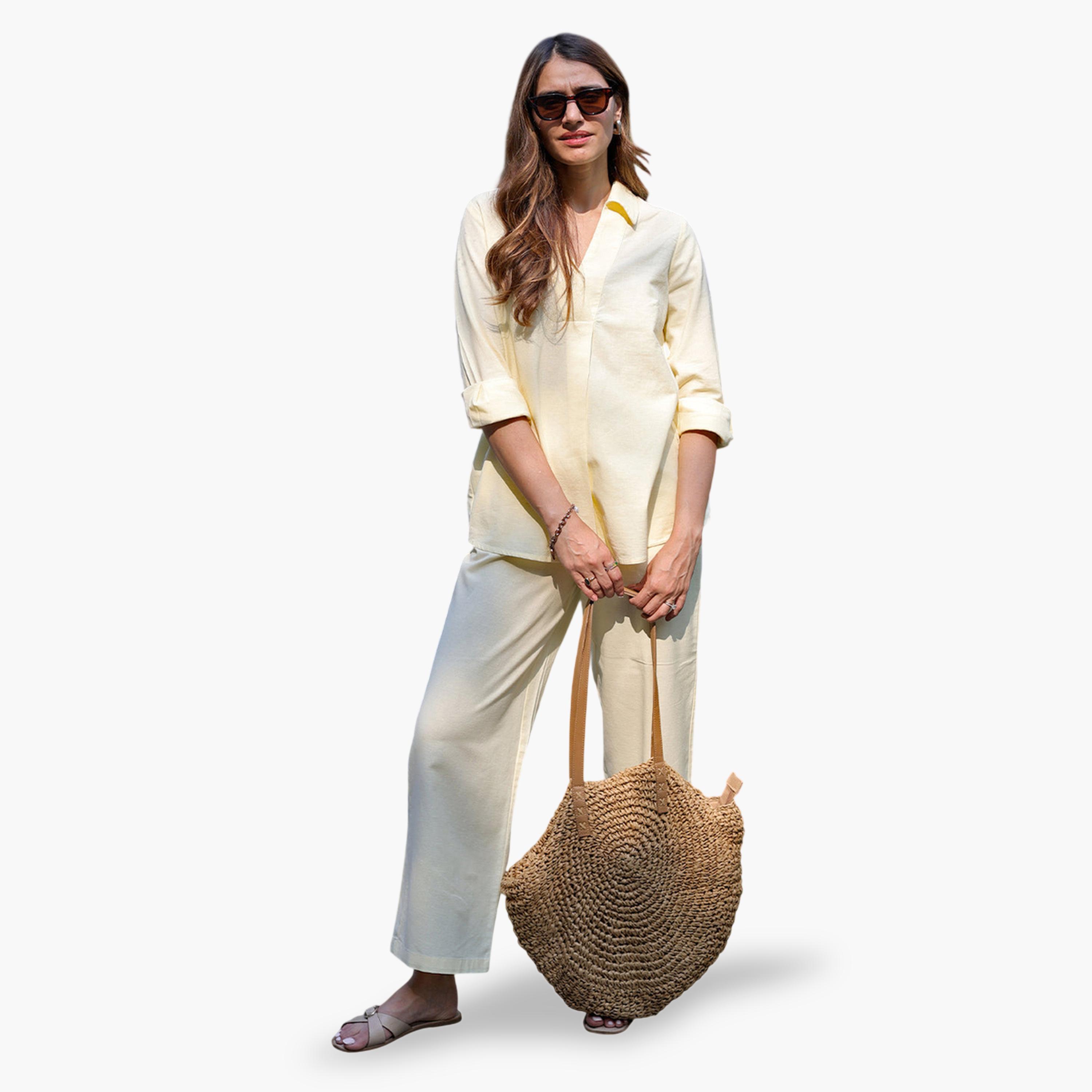 Femmella X Styli Pale Yellow Linen Blend Wide-Leg Trousers-women-clothing-joggers-image-4
