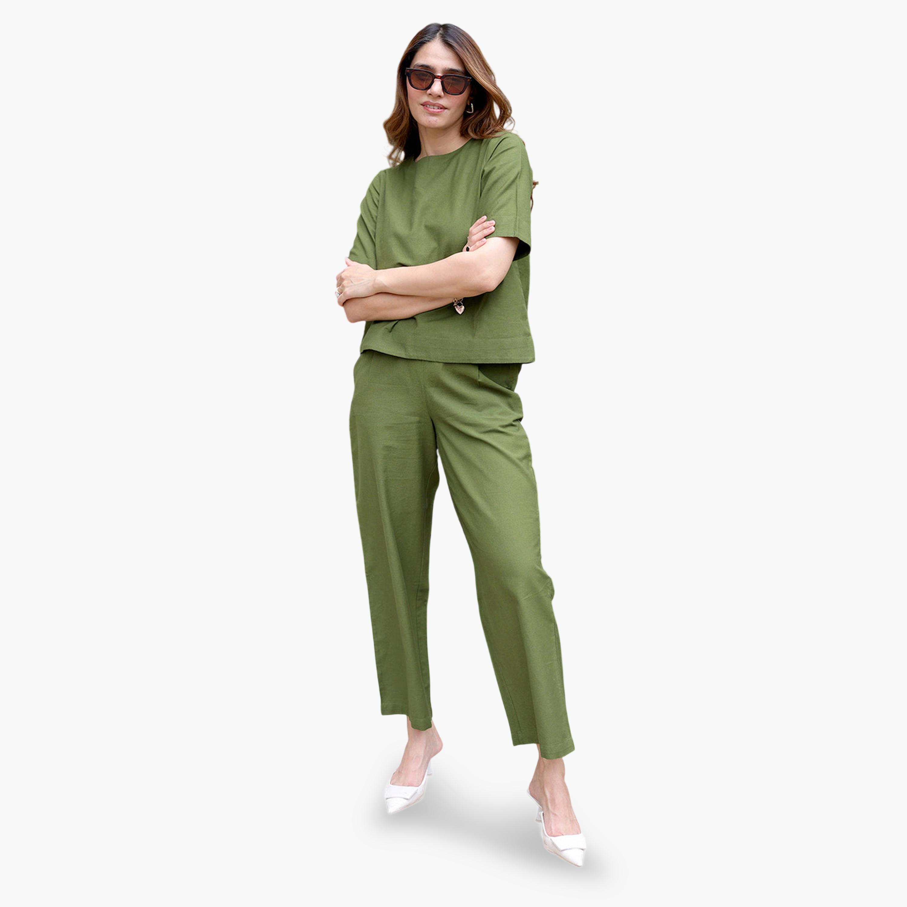 Femmella X Styli Olive Cotton Linen Straight Pants-women-clothing-joggers-image-2