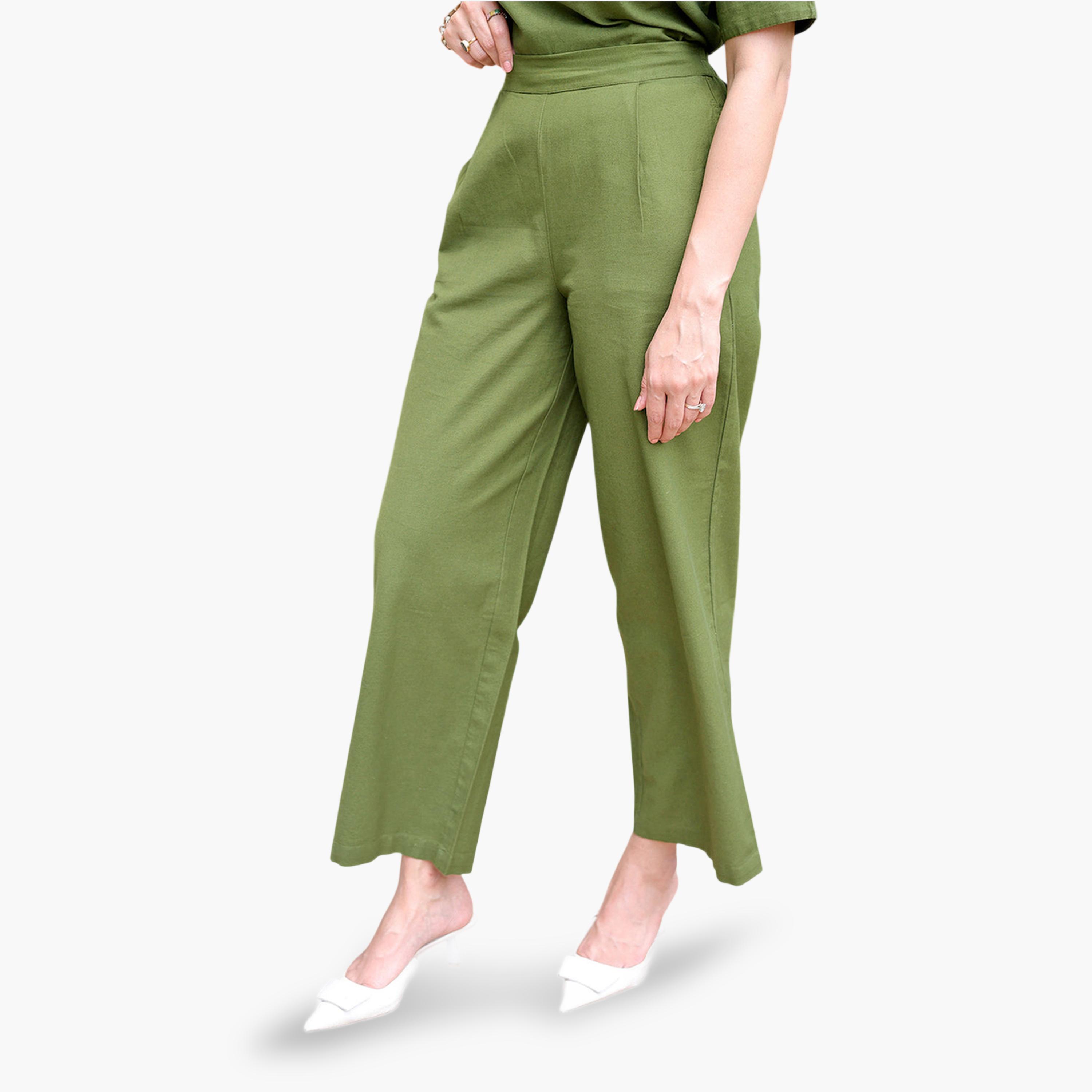 فيميلا × ستايلي - بنطال قطني كتاني زيتوني اللون بقصة مستقيمة-women-clothing-joggers-image-4